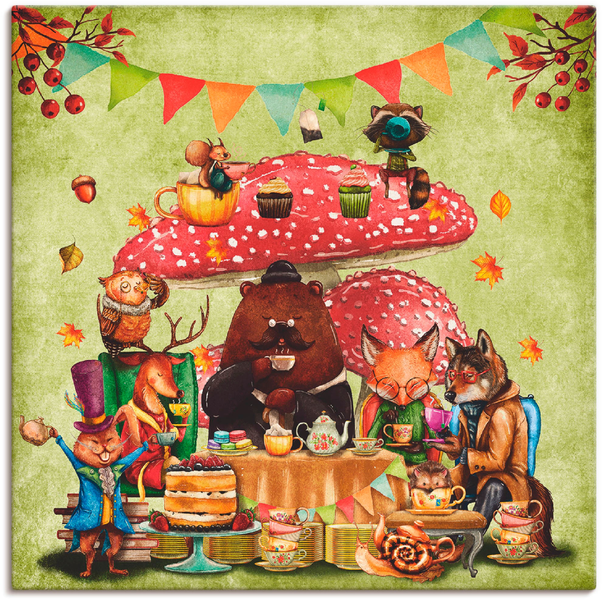 Image of Artland Leinwandbild "Wald Freunde Fliegenpilz Teetrinken" Animal Fantasy 1 Stk. tlg. auf Holzrahmen gespannt