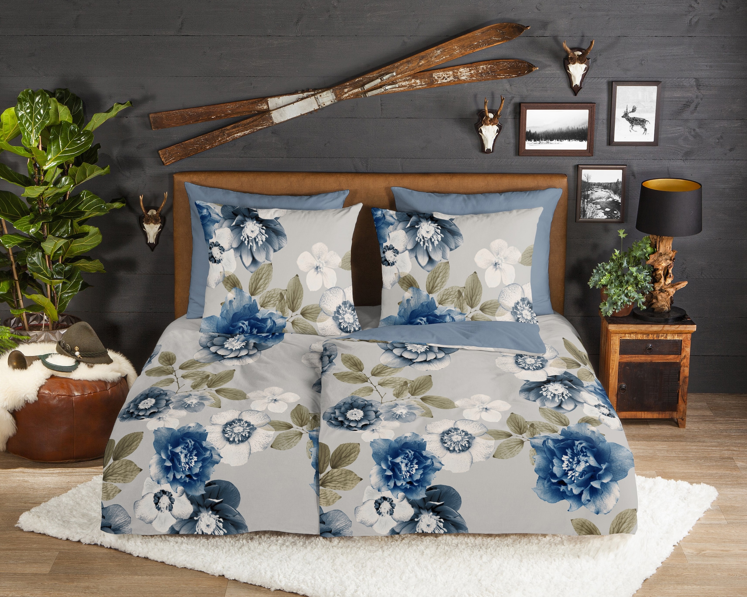 good morning Wendebettwäsche »Gabin«, Flanell, Biber, Winter, Warm, Reissverschluss, Wende, Blumen, Grau Blau