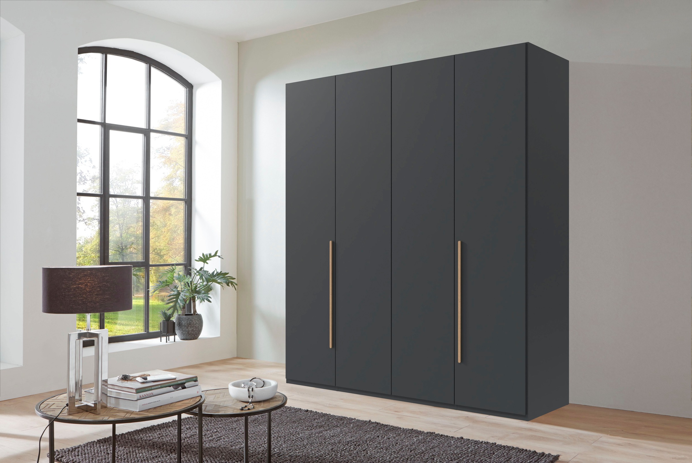 Armoire WIMEX LONDON 4 portes battantes 3 tiroirs Graphite poignées ton chêne 180x58x208 cm