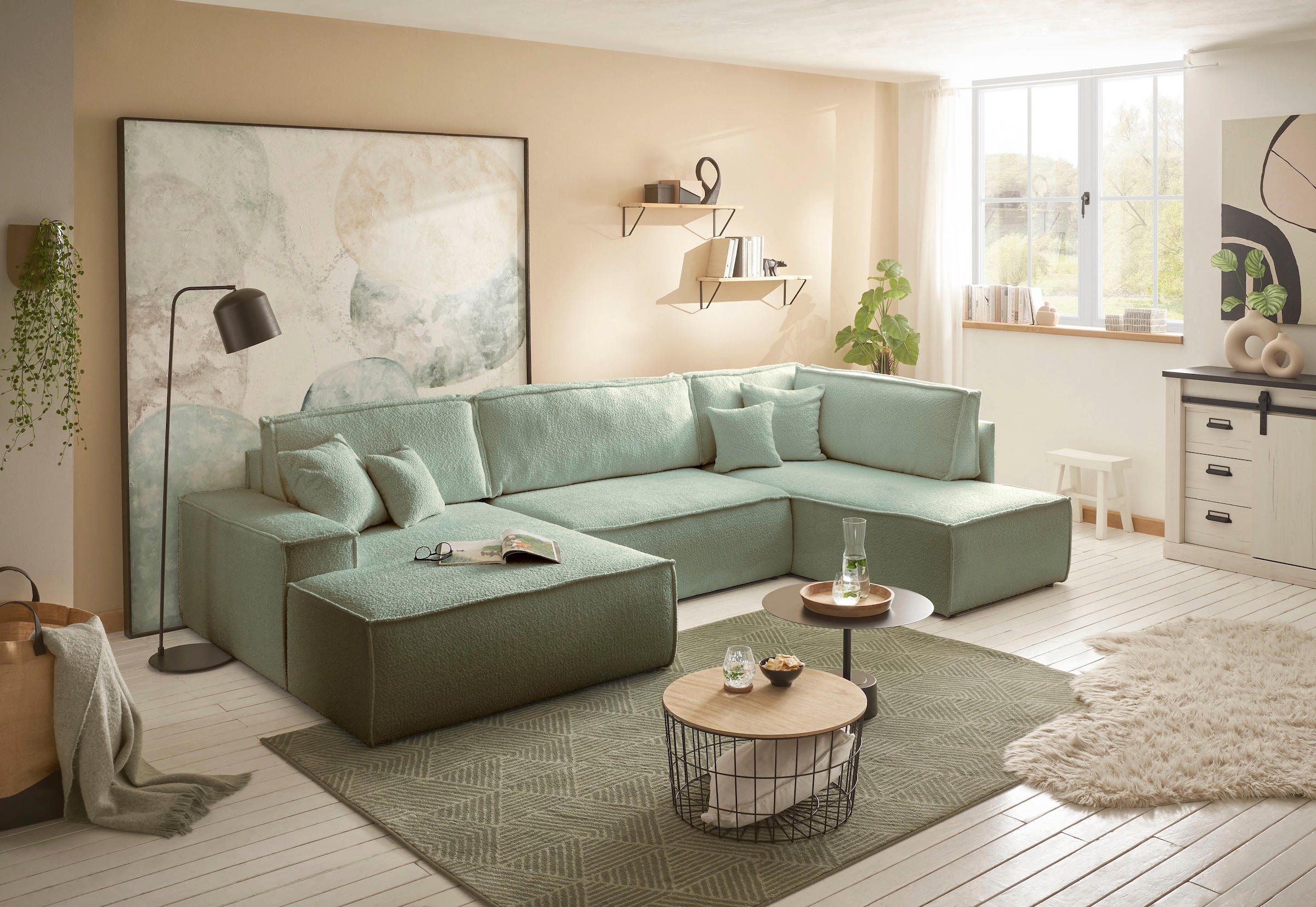 andas Wohnlandschaft »FINNLEY U-Form XXL 329 cm, Schlafsofa, Schlaffunktion m. Bettkasten«, (194/139 cm), Bouclé, Struktur und Cord