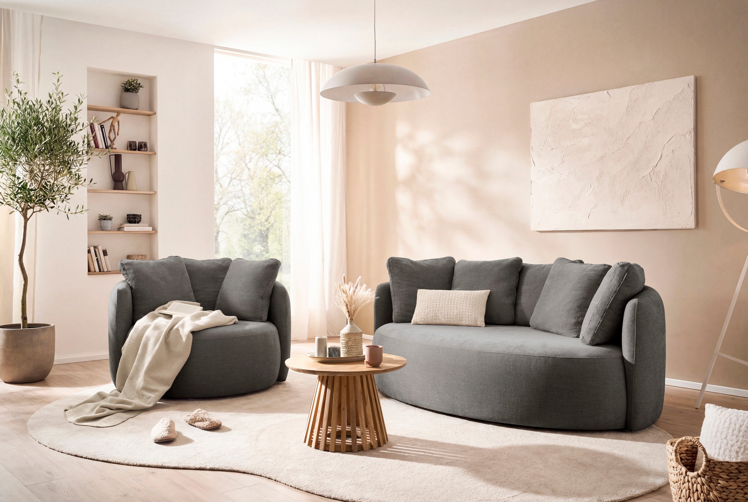 GOODproduct 2,5-Sitzer »Kaarl, rundes Loungesofa, Sofa mit Kissen, perfekt gepolstert« Webstoff, in fünf Farben, zeitloses Design, inkl. 5 Rückenkissen
