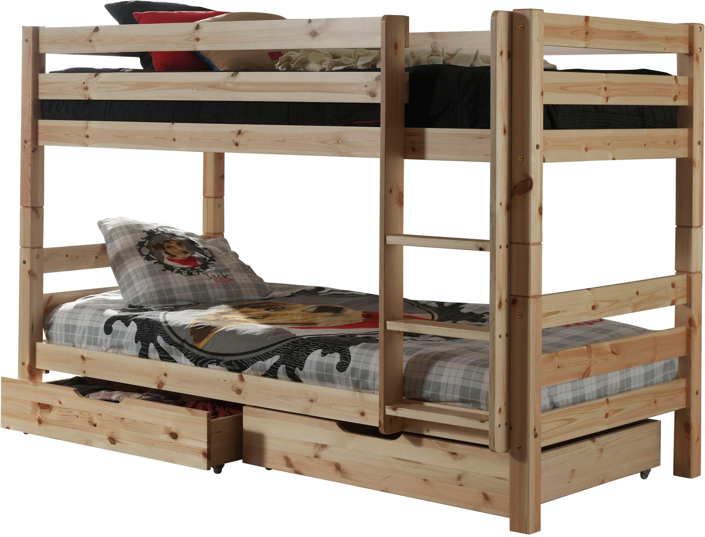 Vipack Etagenbett »Pino, Kiefer massiv, sehr standfest, Made in Europe« B/H/T ca. 210x140x105cm, inkl. Rolllattenroste, Absturzschutz,  inkl. Leiter und 2 Schubladen, wahlweise Ausf. Weiss oder Natur