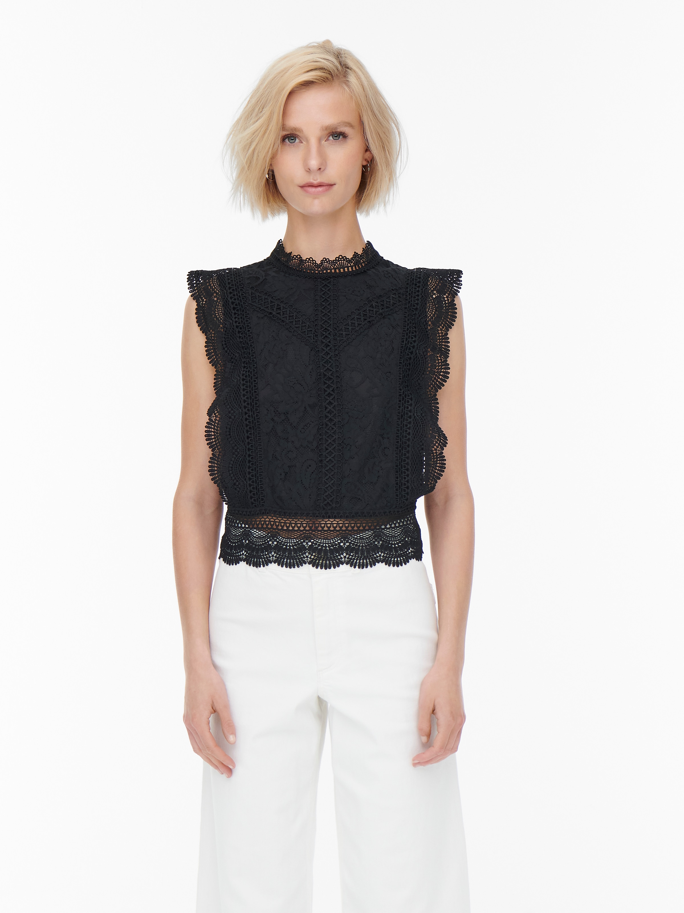 Image of ONLY Spitzenshirt "ONLKARO – Spitzentop mit Stehkragen für elegante Looks" regular fit, feminin, Web, Materialmix, hochgeschlossen