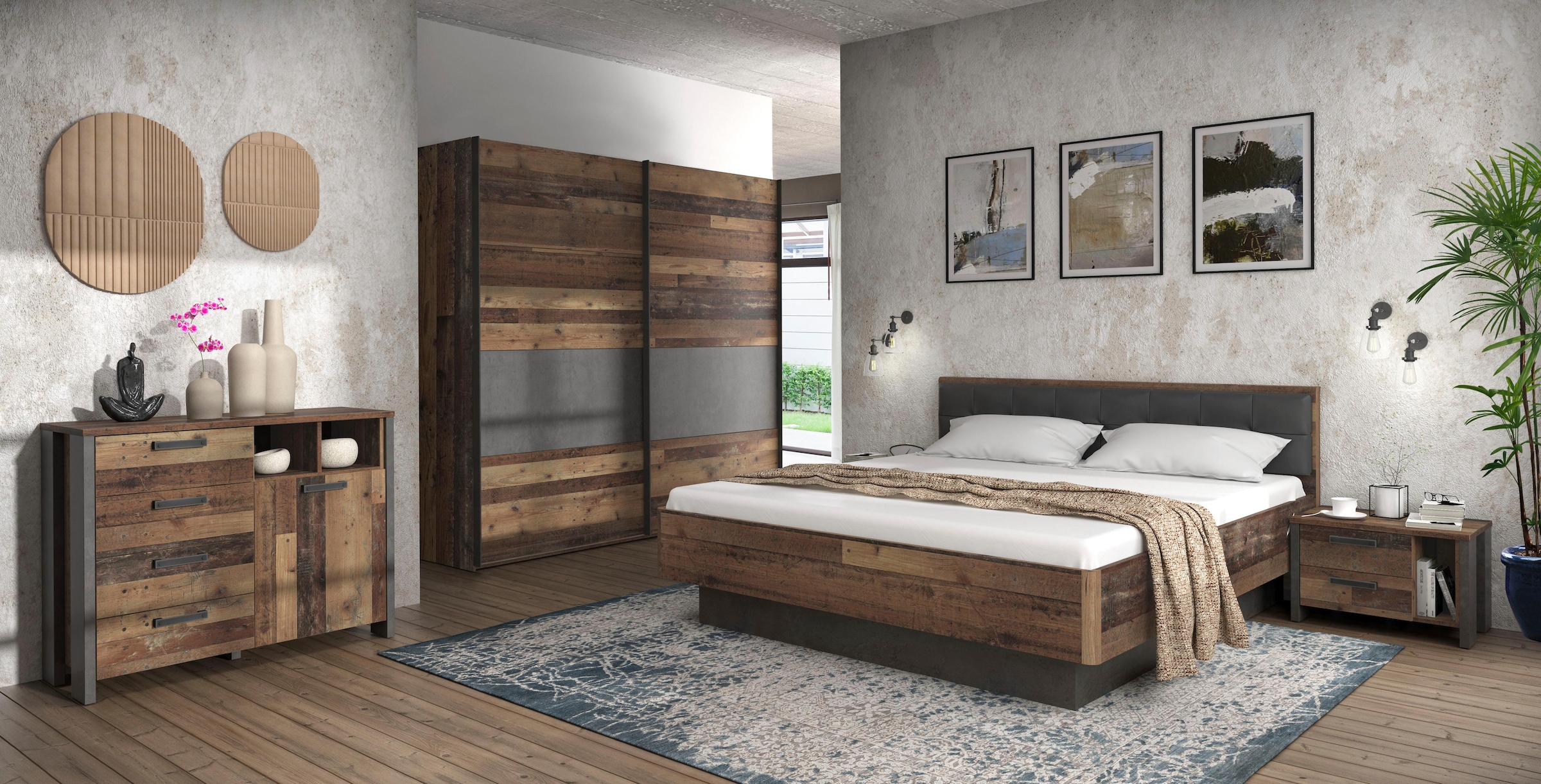 FORTE Futonbett »Clif, Bettanlage, Old – Wood Vintage, Betonoptik Dunkelgrau« Liegefläche 180x200cm,  mit gepolstertem Kopfteil aus Kunstleder, bis 220KG belastbar
