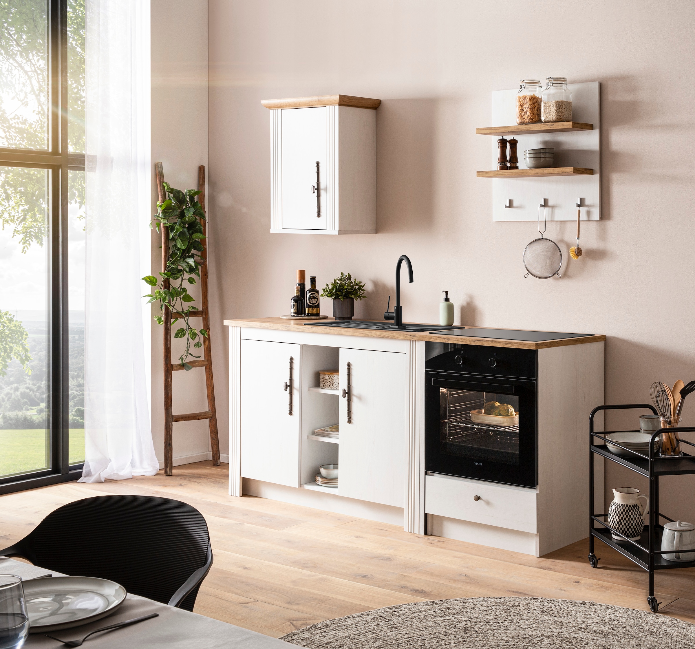 GOODproduct Küchenzeile »KS-Westminster, Pantryküche im Landhaus Stil, hochwertige Metallgriffe« Set,  Breite 194 cm, Kommode, Wandpaneel, Hängeschrank und Herdumbau