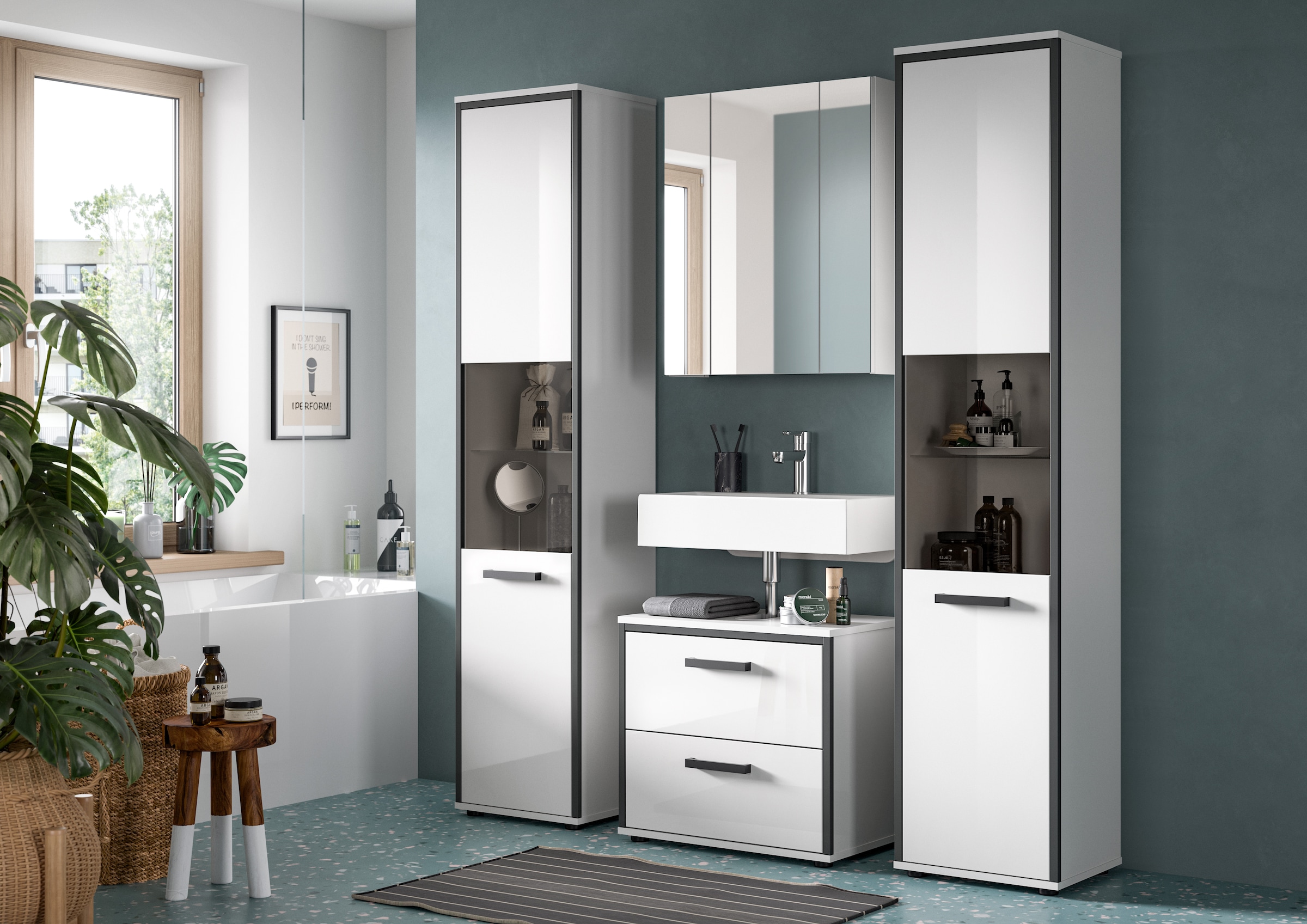 welltime Ensemble de meubles de salle de bain »KAJO, 4-tlg. Badkombination, weiss hochglanz« Set, Set, best. aus:2Hochschränken, 1 WBU, 1 Spiegelschrank, 4 cuis tlg.