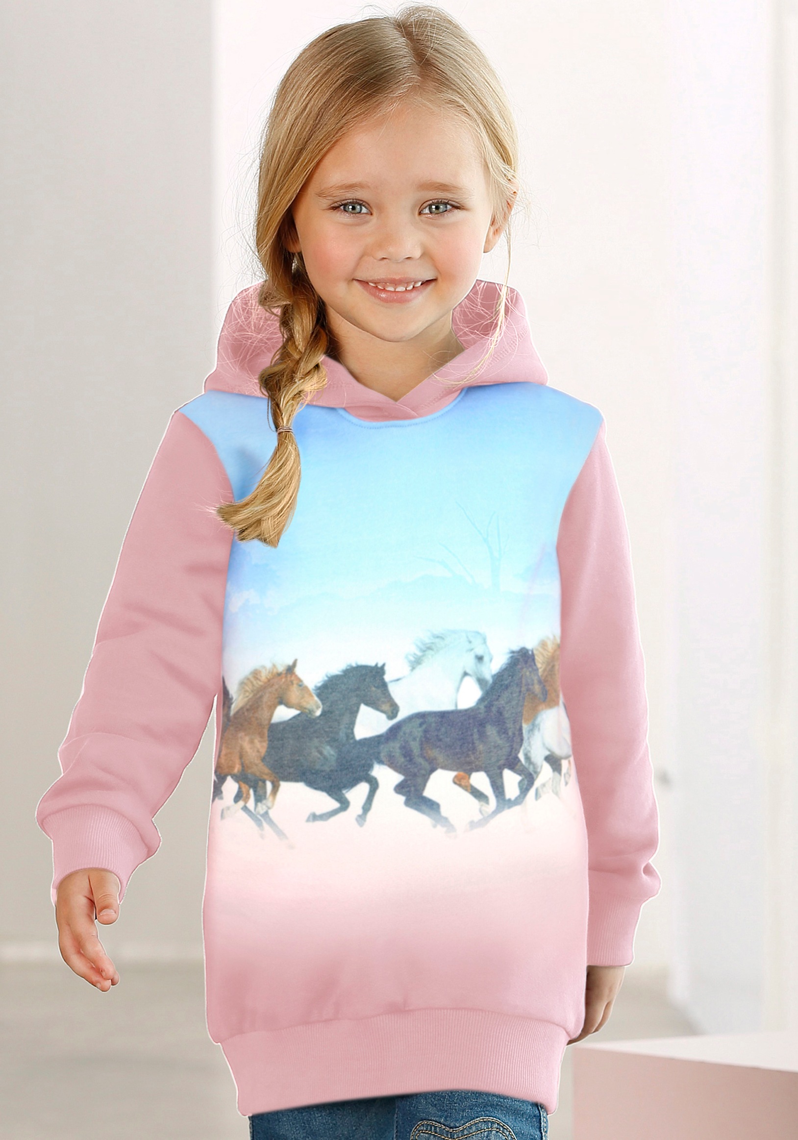Image of KIDSWORLD Longsweatshirt "für kleine Mädchen", Langarm, bedruckt, mit Kapuze, aus angerauter Sweatware