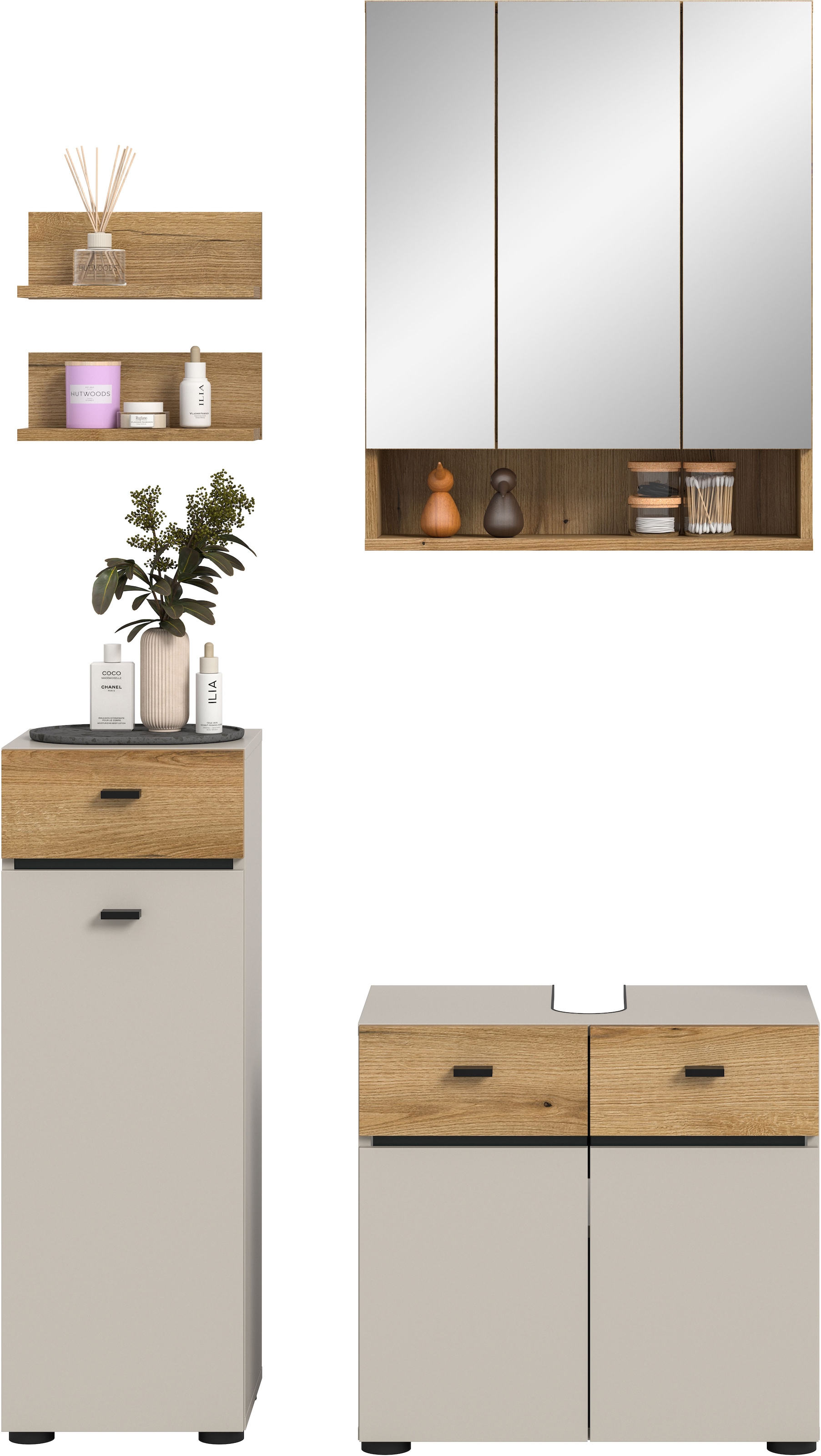 welltime Ensemble de meubles de salle de bain »VANN, 5-teilige moderne Badkombination, individuell stellbar« Midischrank, 2er Set Wandregal, Waschbeckenunterschrank,Spiegelschrank, 5 cuis tlg.