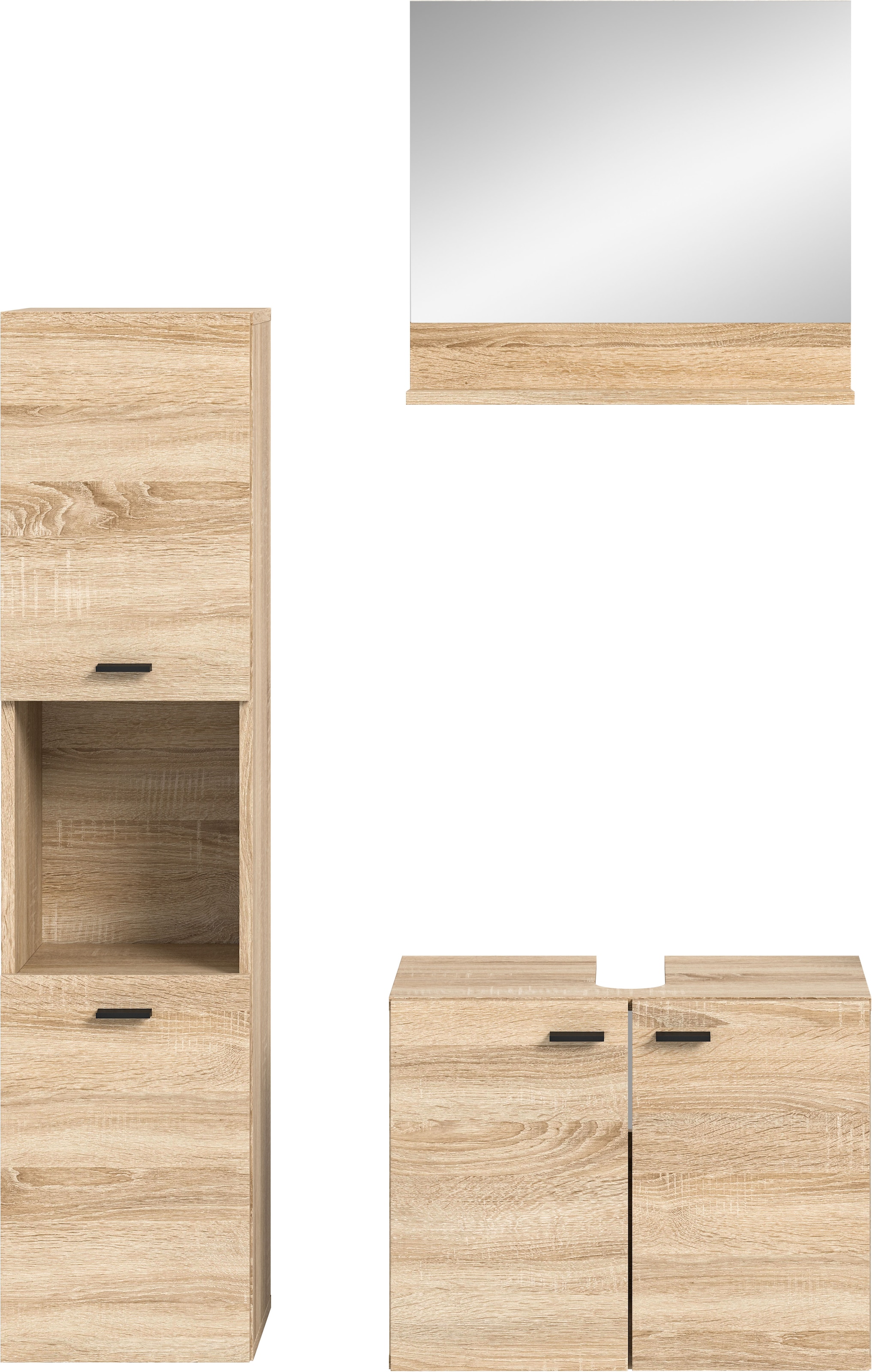 welltime Badmöbel-Set »Tampa, Breite 102cm, 3-teilig«, (3 St.), Waschbeckenunterschrank, Spiegel, Hochschrank