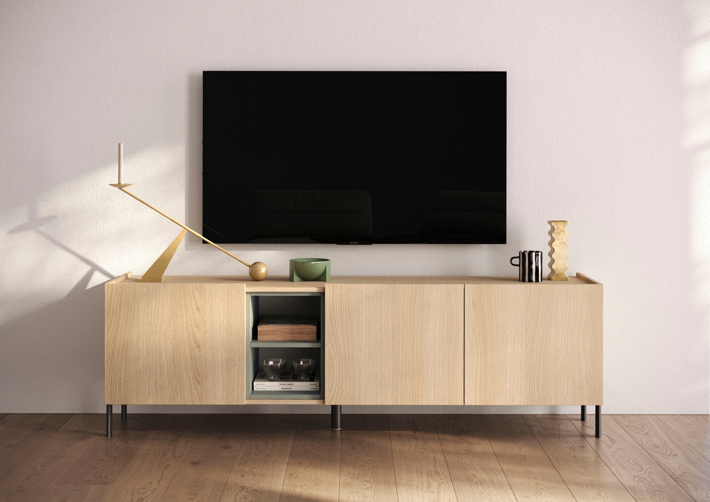Image of GOODproduct Lowboard "Badia, 182 cm breit, 3 Türen, Mediaboard, TV-Schrank" Innenliegendes Top, gerade Metallfüsse, salbeigrüne Farbakzente