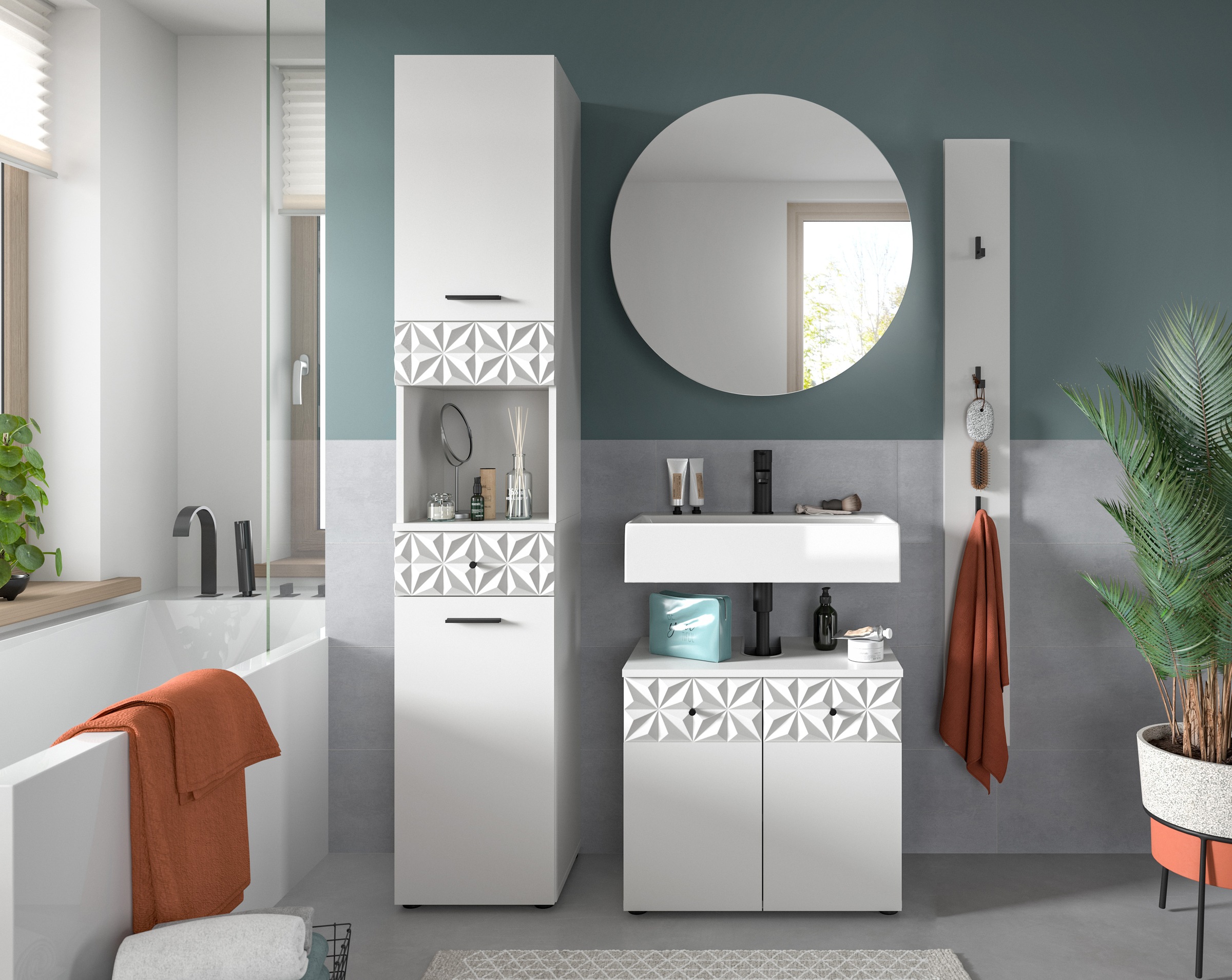 INOSIGN Ensemble de salle de bains »VICENZA, TOPSELLER!, Breite 141cm, 4-teilig, mit Ornamentabsetzung« Hochschrank, Waschbeckenunterschrank, Spiegelschrank und Hakenleiste, 