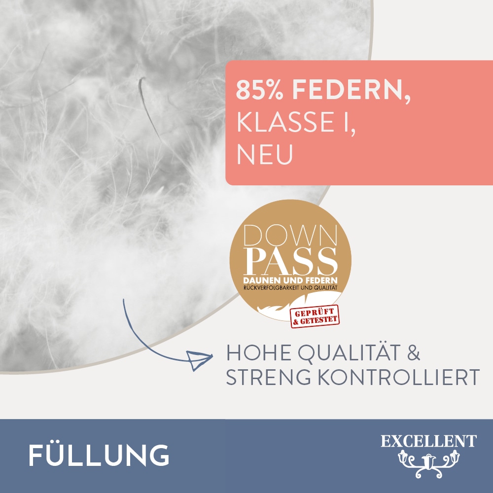 Excellent Kopfkissen »Venedig«, Füllung: weisse neue Federn und Daunen, Klasse I, 85% Federn / 15% Daunen, Bezug: Köper-Inlett, 100% Baumwolle, (Spar-Set, 2 St., 2 Kopfkissen), Kopfkissen 40x40, 40x80, 80x80, allergiker geeignet (Hausstaub)