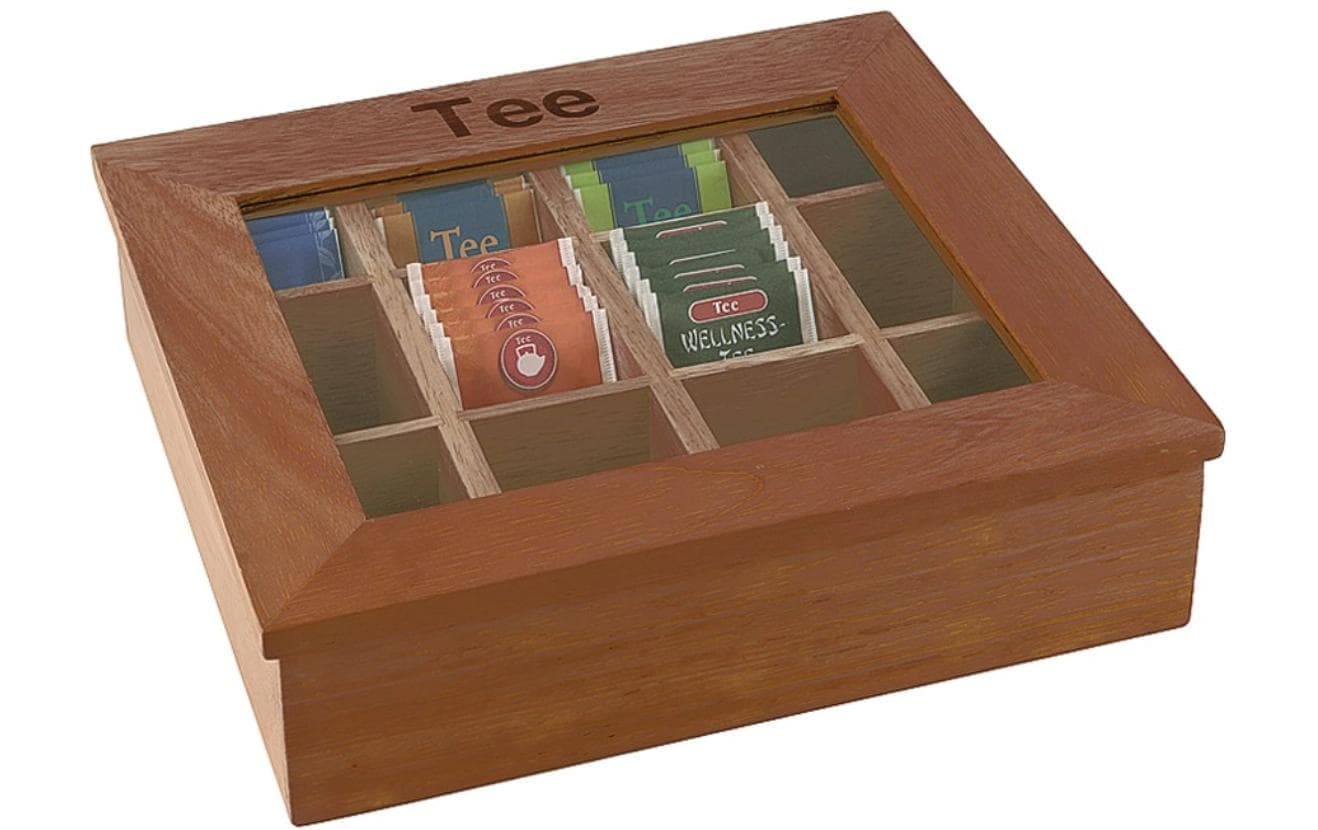 APS Teebox "mit 12 Kammern" Teebox mit Sichtfenster und der Aufschrift Tee