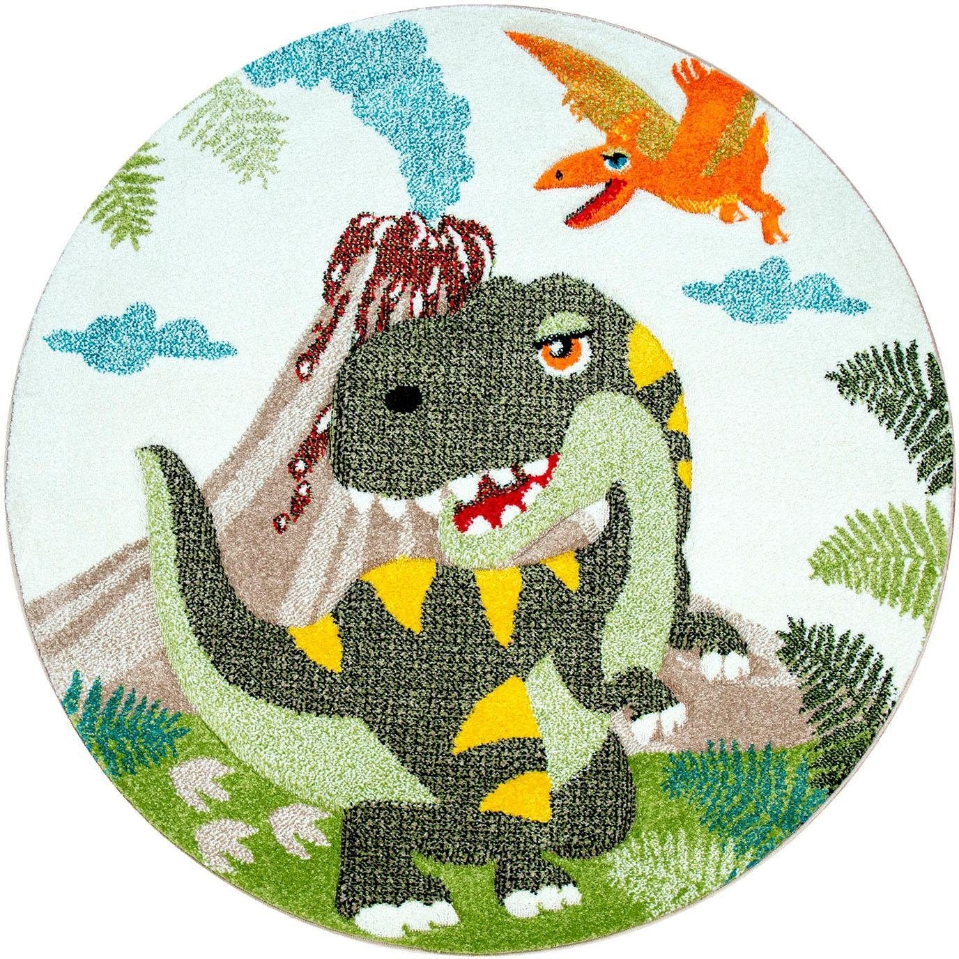 Paco Home Kinderteppich »Diamond 636«, rund, 3D-Design, Motiv Dinosaurier, Kinderzimmer