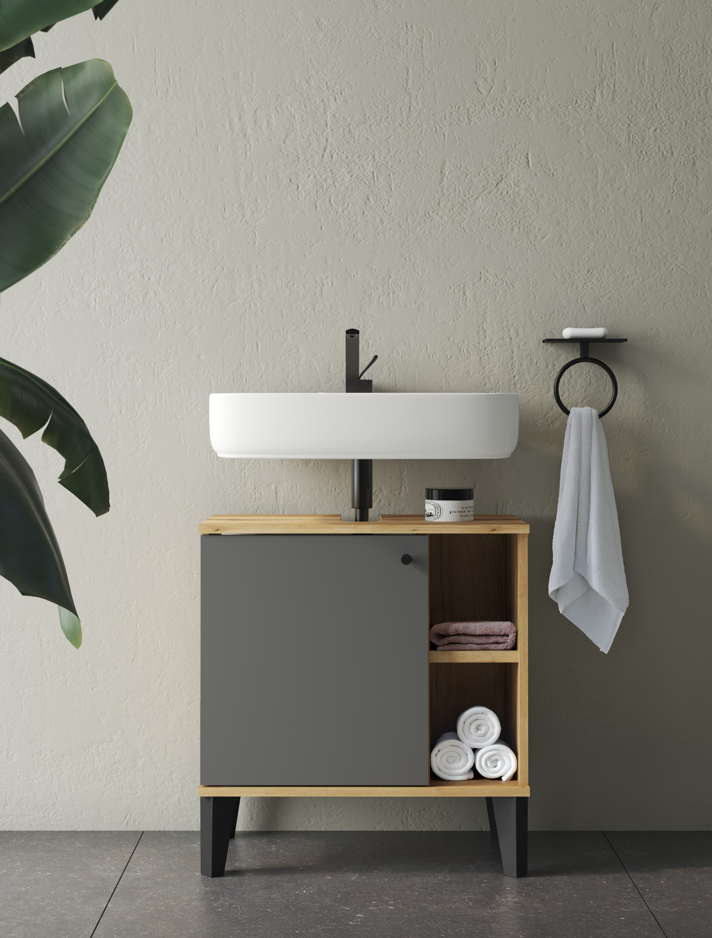 Home affaire Waschbeckenunterschrank »Oslo, Waschtisch mit Knopfgriff, Badschrank im skandinavischen Design« in der Türfarbe Weiss oder Grau verfügbar, ausreichend Stauraum