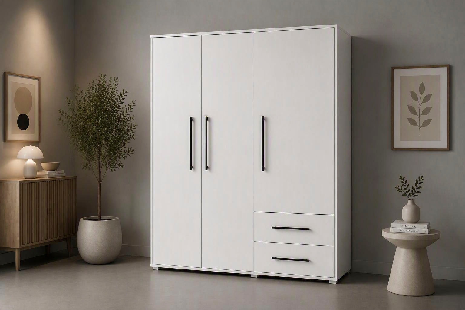 FORTE Armoires à vêtements »Mokkaris , Garderobe, zeitloses Design, 3 Türen, Made in Europe« L/H/P env. 144x200x59 cm,  Deux tiroirs, poignées barres noires, rangement, aussi en noir