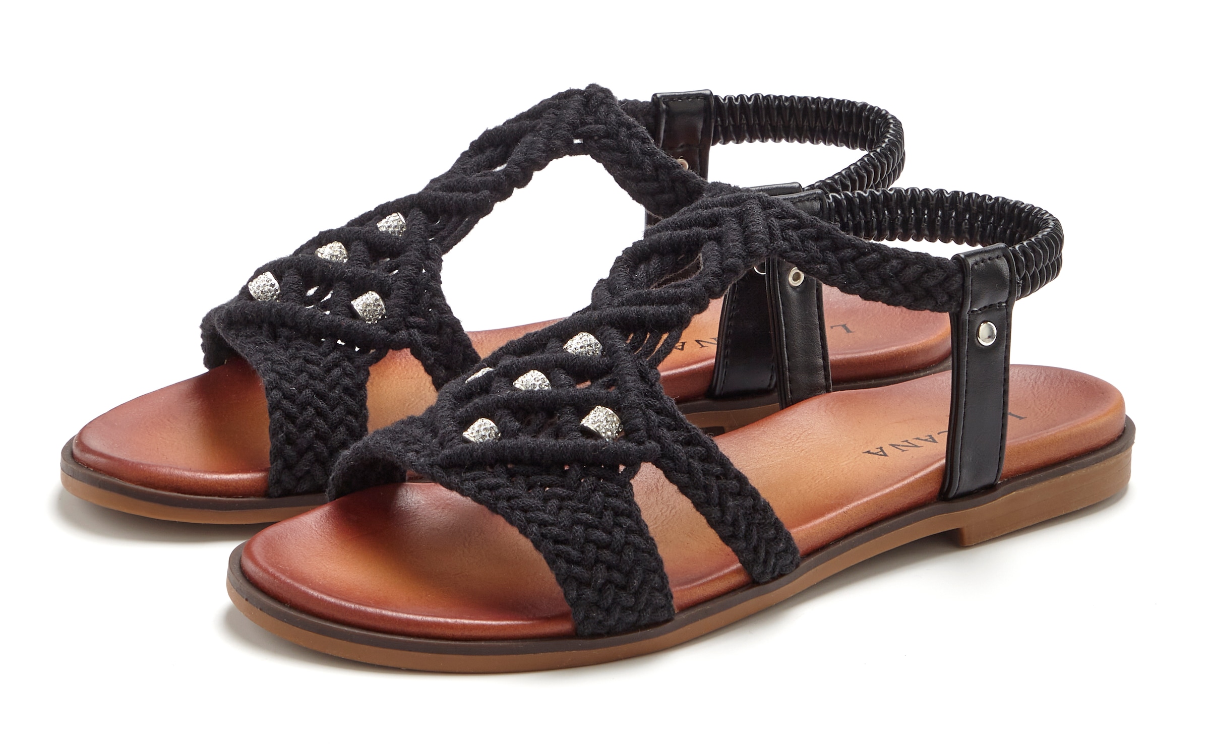 Image of LASCANA Sandale "Sommerschuh, offener Schuh, Pantolette," in trendiger Häkeloptik, Glitzerdetails und elastischen Riemchen