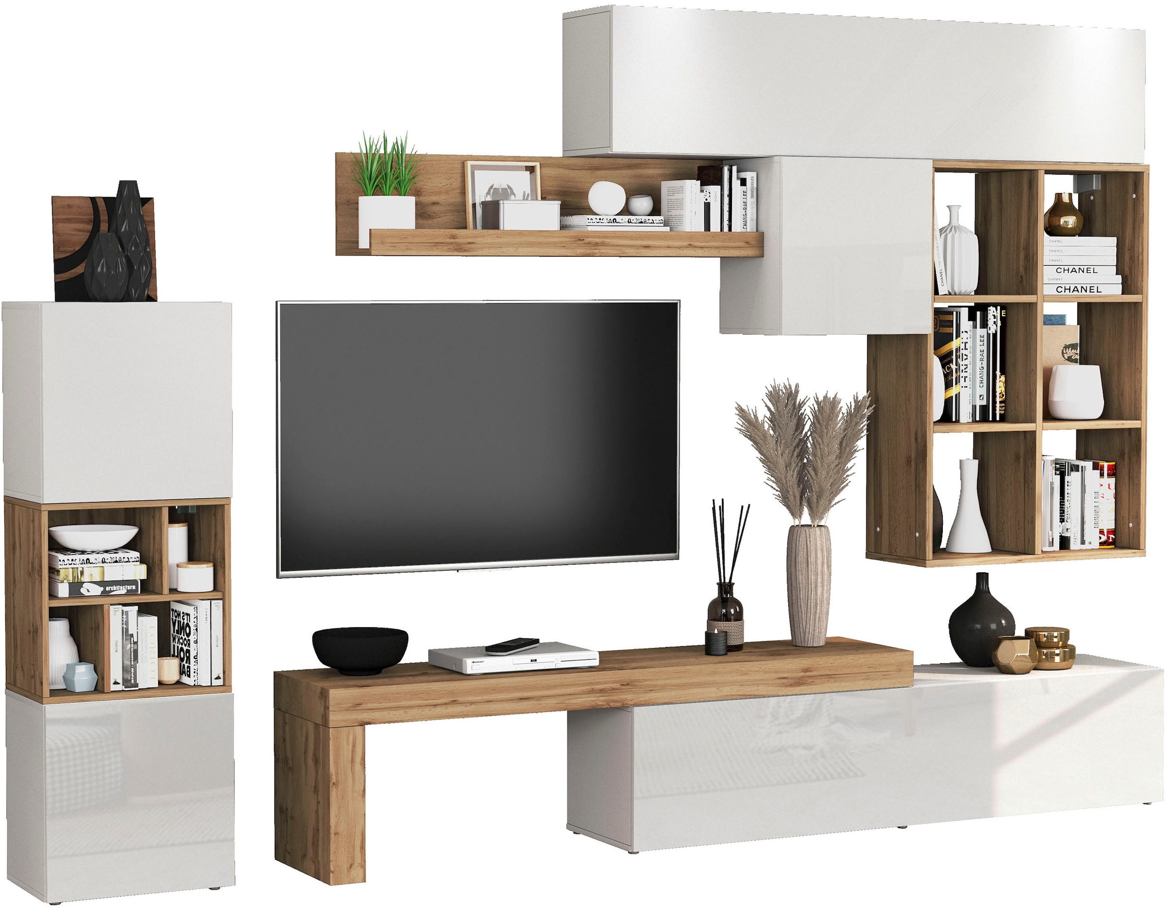 INOSIGN Wohnwand »Chronos Wohnwand, Medienwand, 8-er set«, (Set, 8 St.), ca. 320 cm mit Hängeschränke, Würfel, Regal, Lowboard, Made in Italy