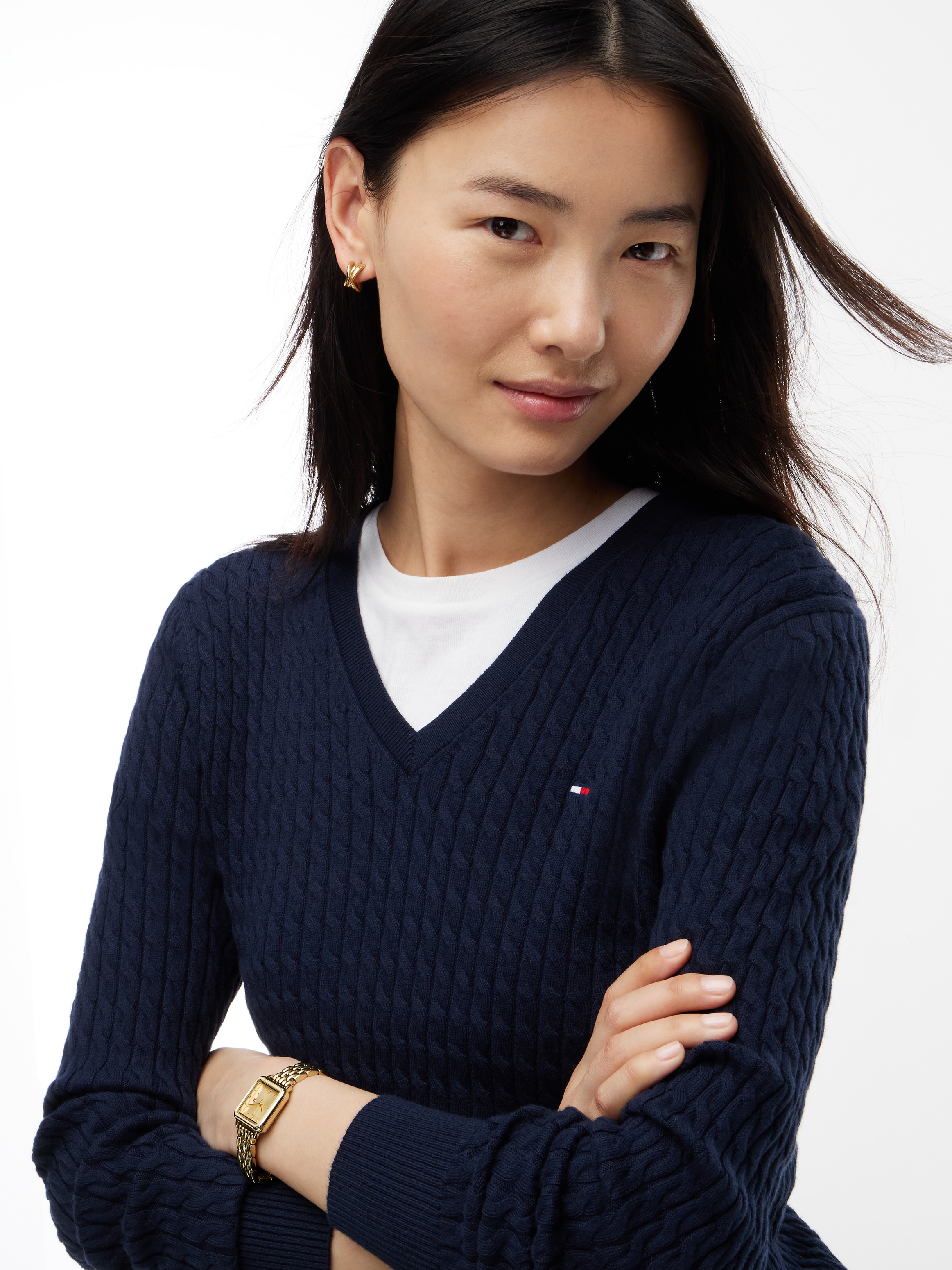 Tommy Hilfiger Strickpullover »CO CABLE FINE GG V-NK LS SWT« Baumwolle, mit Zopfmuster