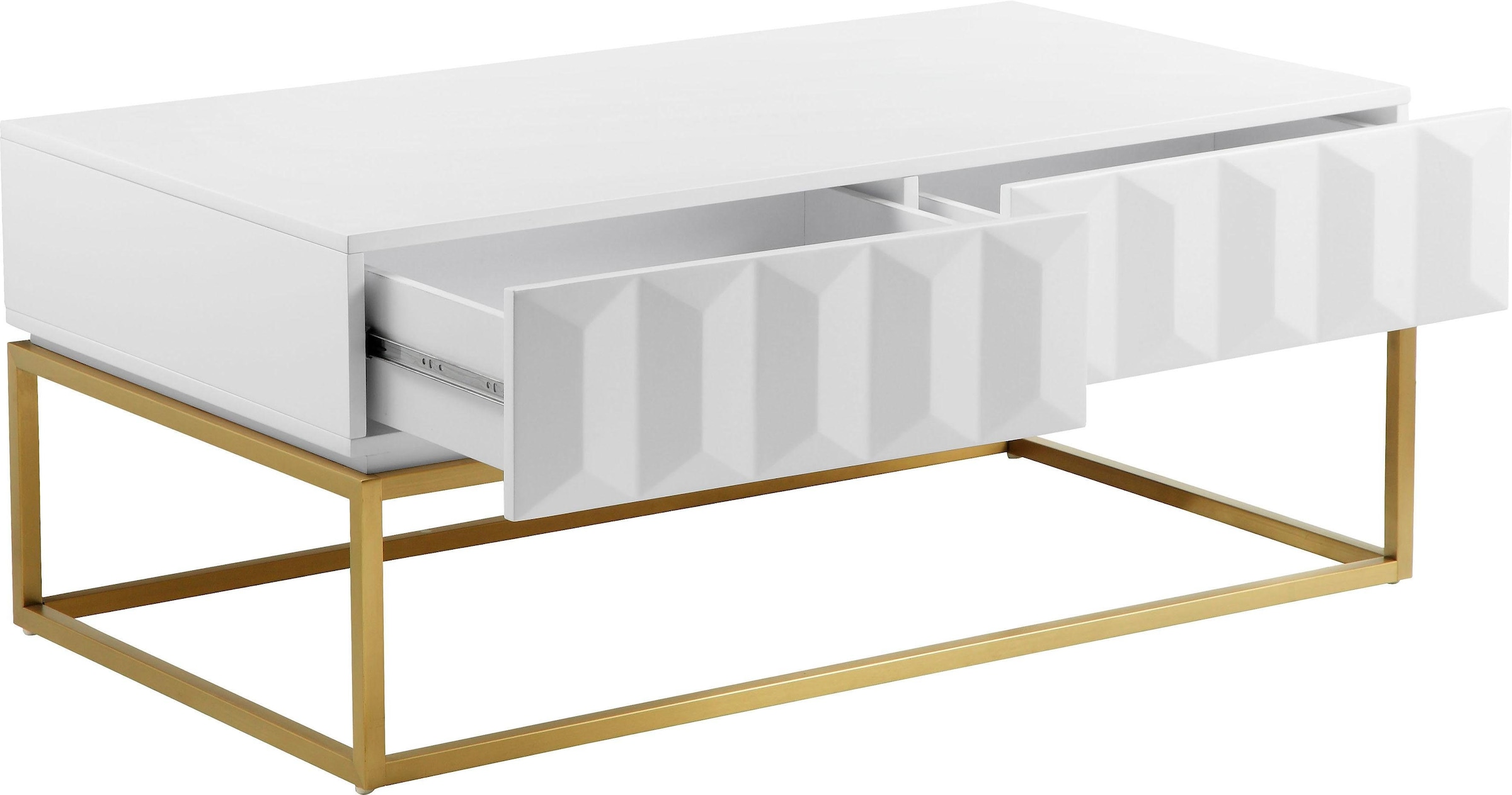 Leonique Couchtisch »Alais, TOPSELLER!, OTTOs Choice«, in 3D-Optik, mit zwei Schubladen und goldfarbenem Metallgestell