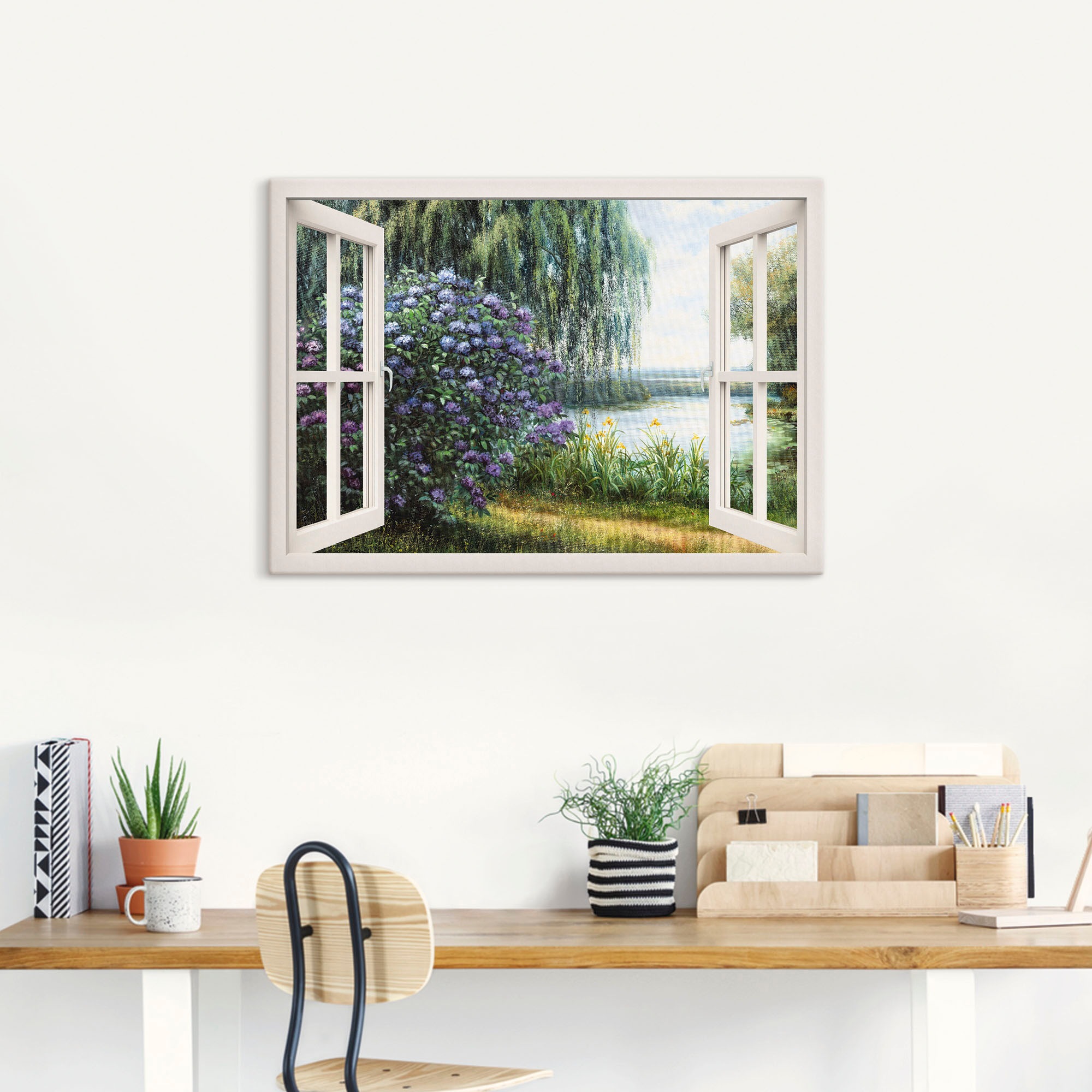 Artland Wandbild »Hortensien am See«, Fensterblick, (1 St.), als Leinwandbild, Poster, Wandaufkleber in verschied. Grössen
