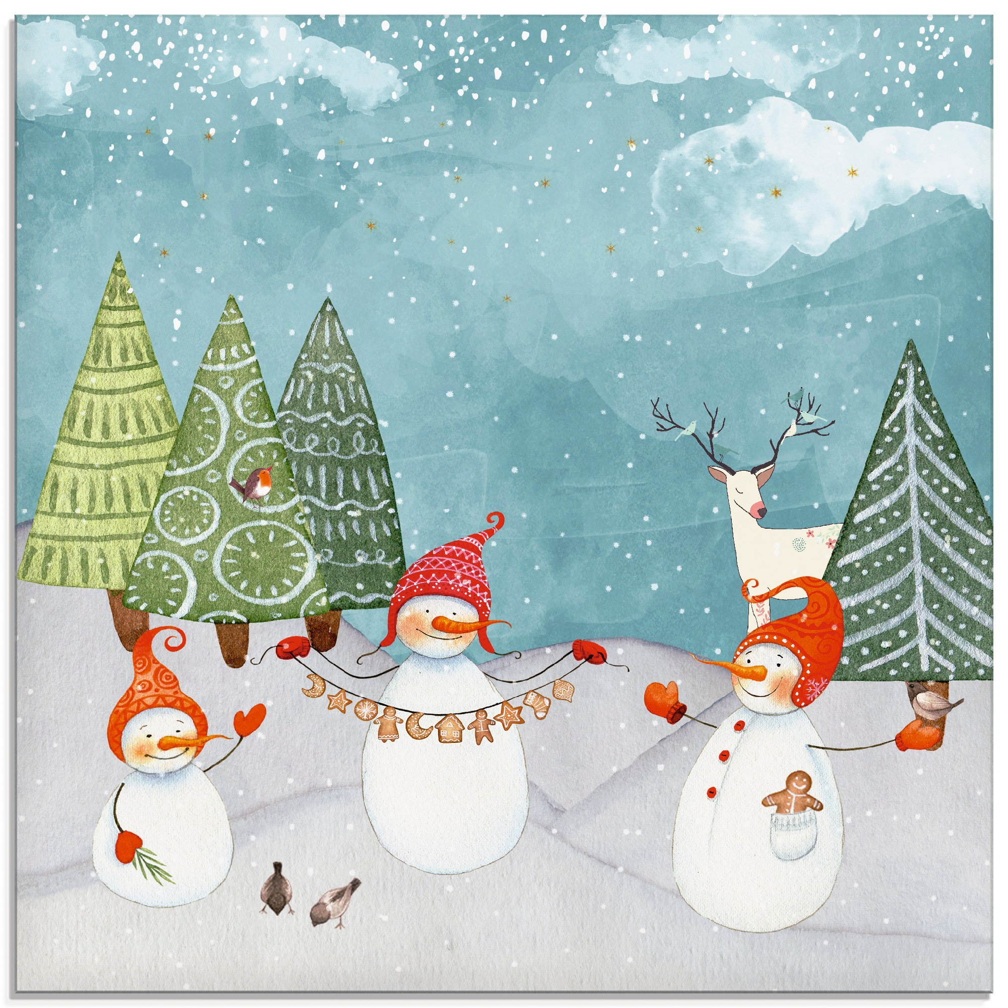 Image of Artland Glasbild "Schneemänner und Tierfreunde" Weihnachten 1 Stk. tlg. in verschiedenen Grössen