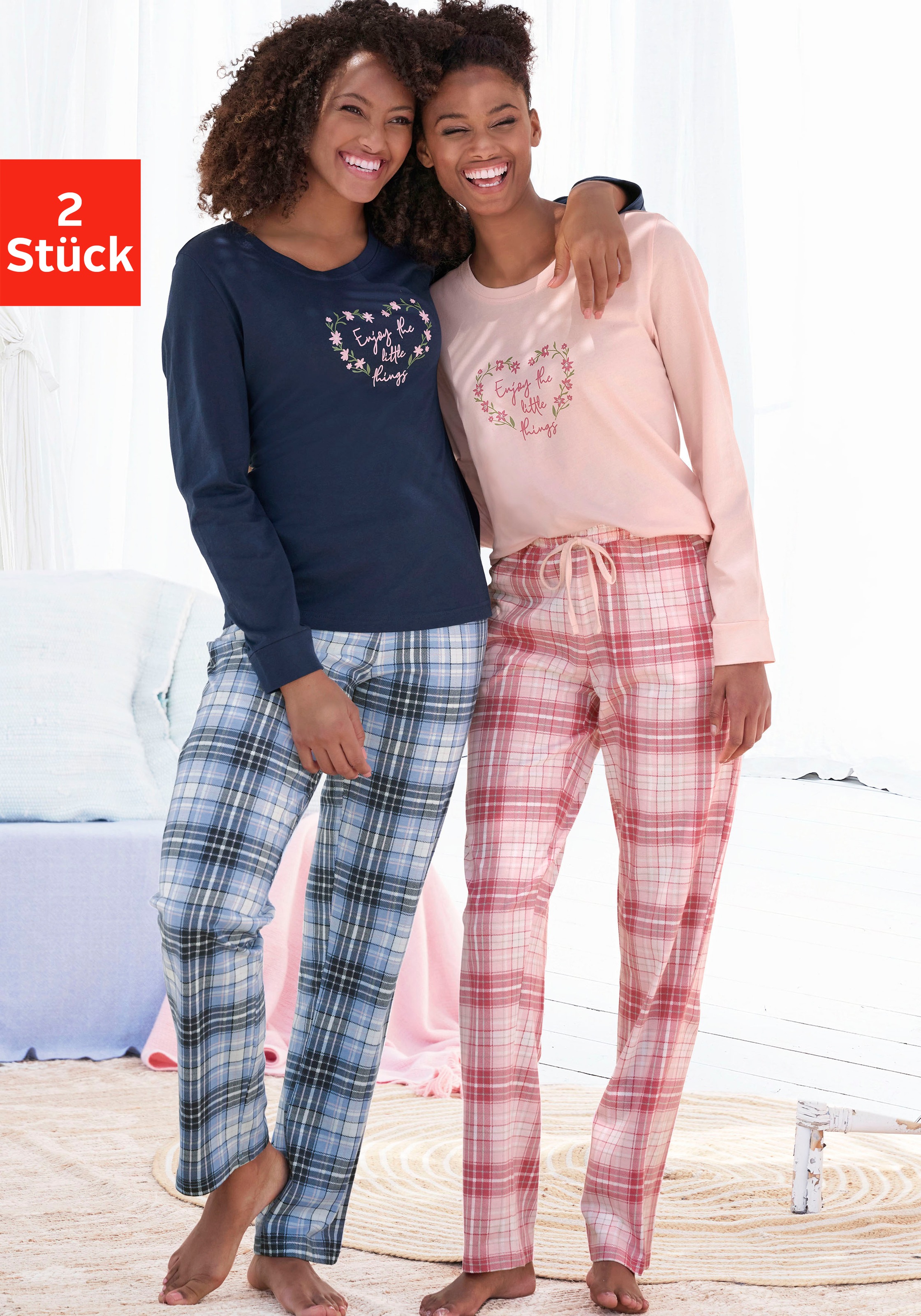 Image of Vivance Dreams Pyjama Packung, 2 Stück, 4 tlg. mit Karo- und Blumendruck im Doppelpack