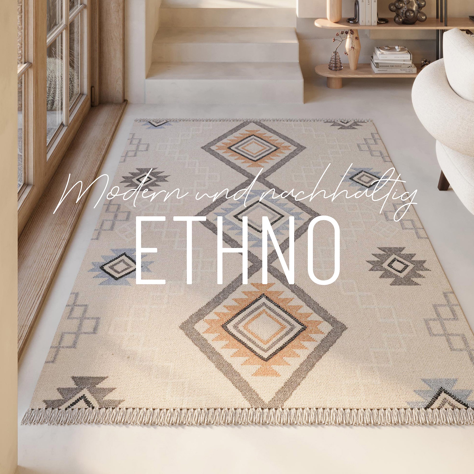 Green Looop Wollteppich »Jong« rechteckig 5 mm Höhe Fransen, Kelim, handgewebt, Natur, Wohnzimmer, Schlafzimmer, Raute