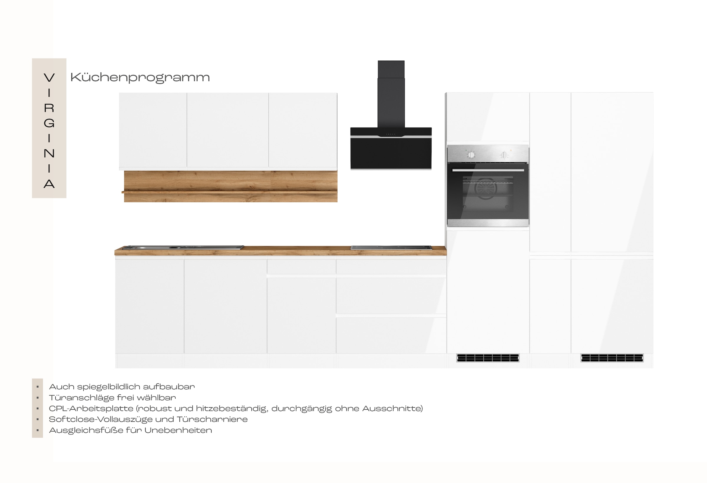 KOCHSTATION Kitchenette »KS-Virginia,neu in verbesserter Ausführung« largeur 390 cm, soft-close, sans appareils électriques