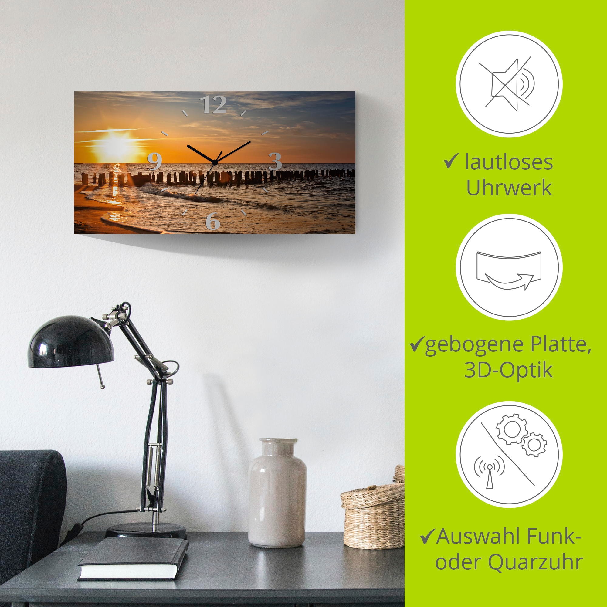 Artland Wanduhr »Schöner Sonnenuntergang am Strand«, 3D Optik gebogen, mit Quarz- oder Funkuhrwerk, versch. Grössen
