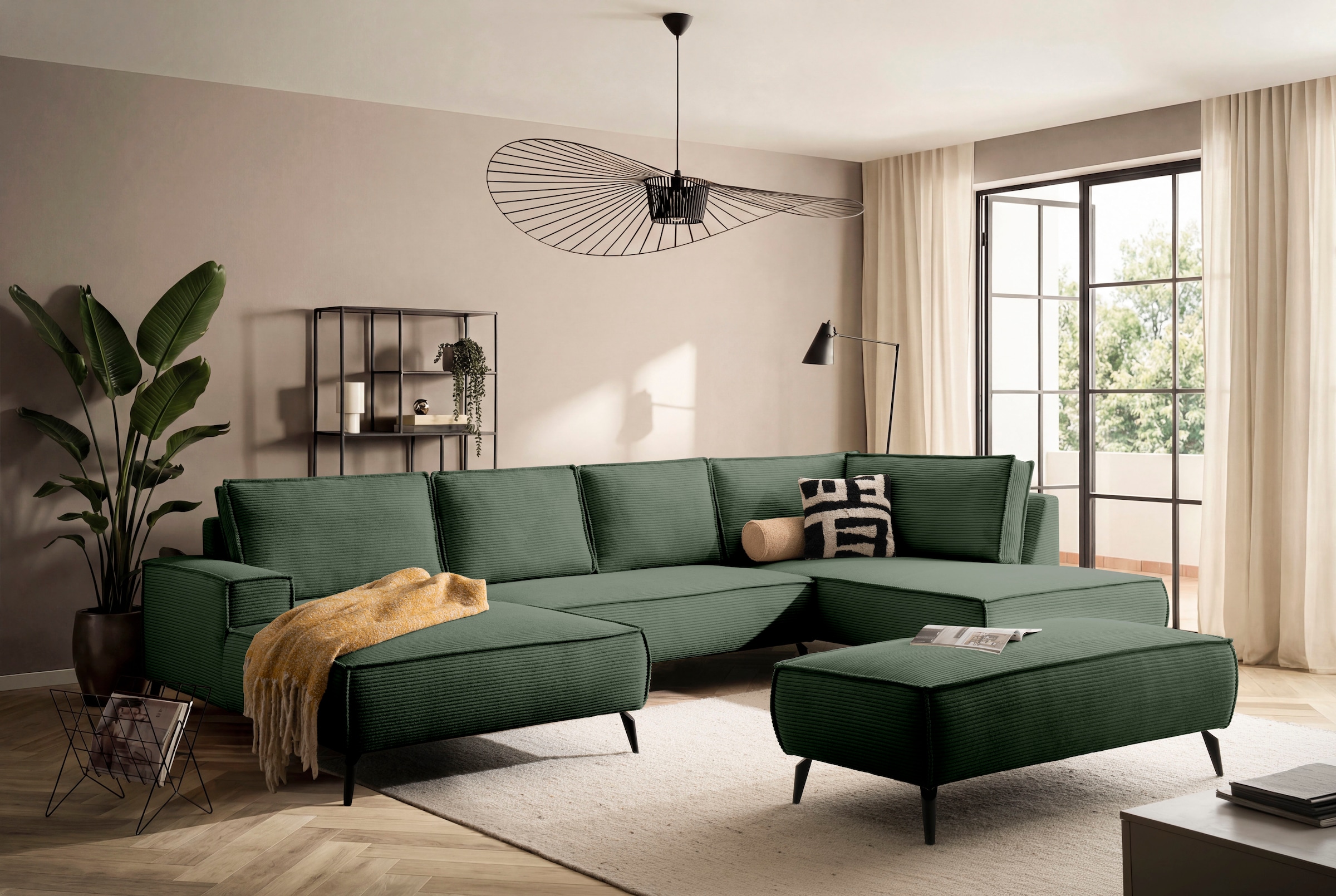 Home affaire Paysage de salon »TVINNU, moderne U-Form, Couch in Cord oder Webstoff in Leinenoptik« Recamiere rechts/links, schwarze Metallfüsse, bequeme Sitz-/Liegefläche