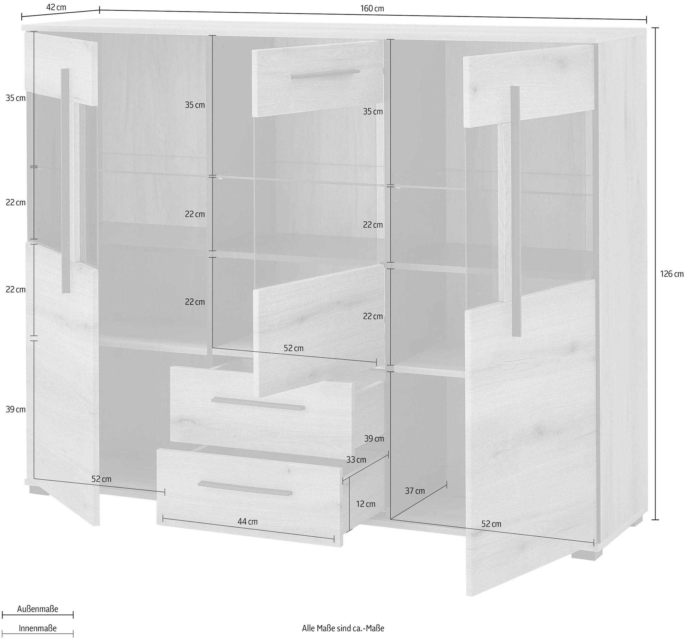 INOSIGN Highboard »Cantara, moderner Schrank, Vitrine in Eiche Dekor oder weiss«, schwarze Stangengriffe, ausreichend Stauraum, vielseitig einsetzbar