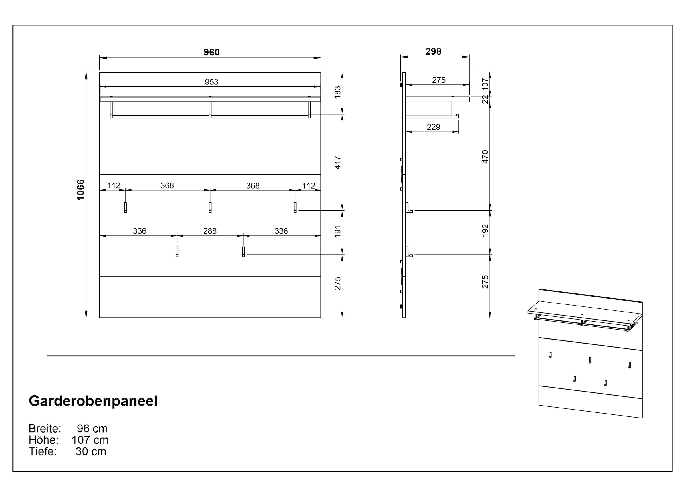 GERMANIA Panneau de vestiaire »Arluno« 1 cuis tlg. Kleiderstange und -haken aus Metall