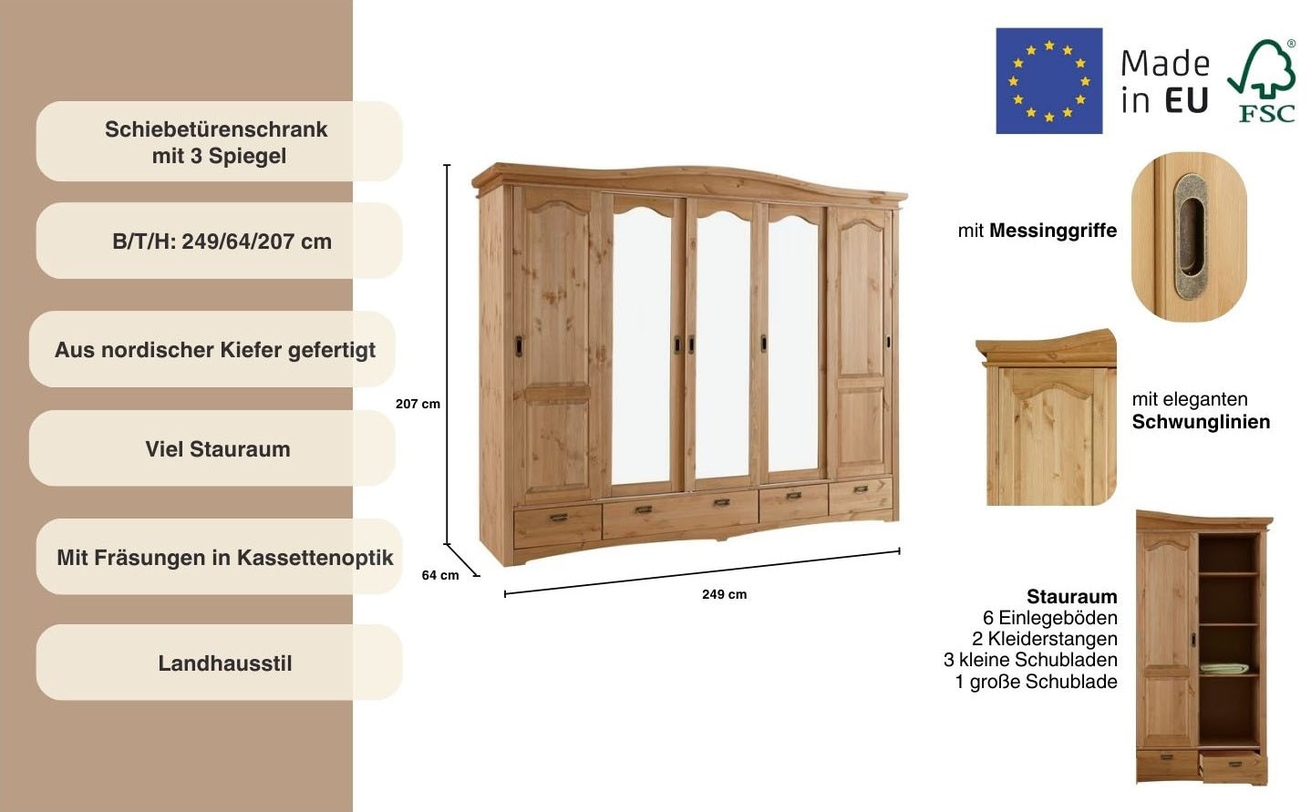 GOODproduct Schiebetürenschrank »Konrad, Landhausstil, rustikal, mit Schubladen + Spiegel, Kassetten« massive Kiefer, FSC®-zertifiziert, Messinggriffe