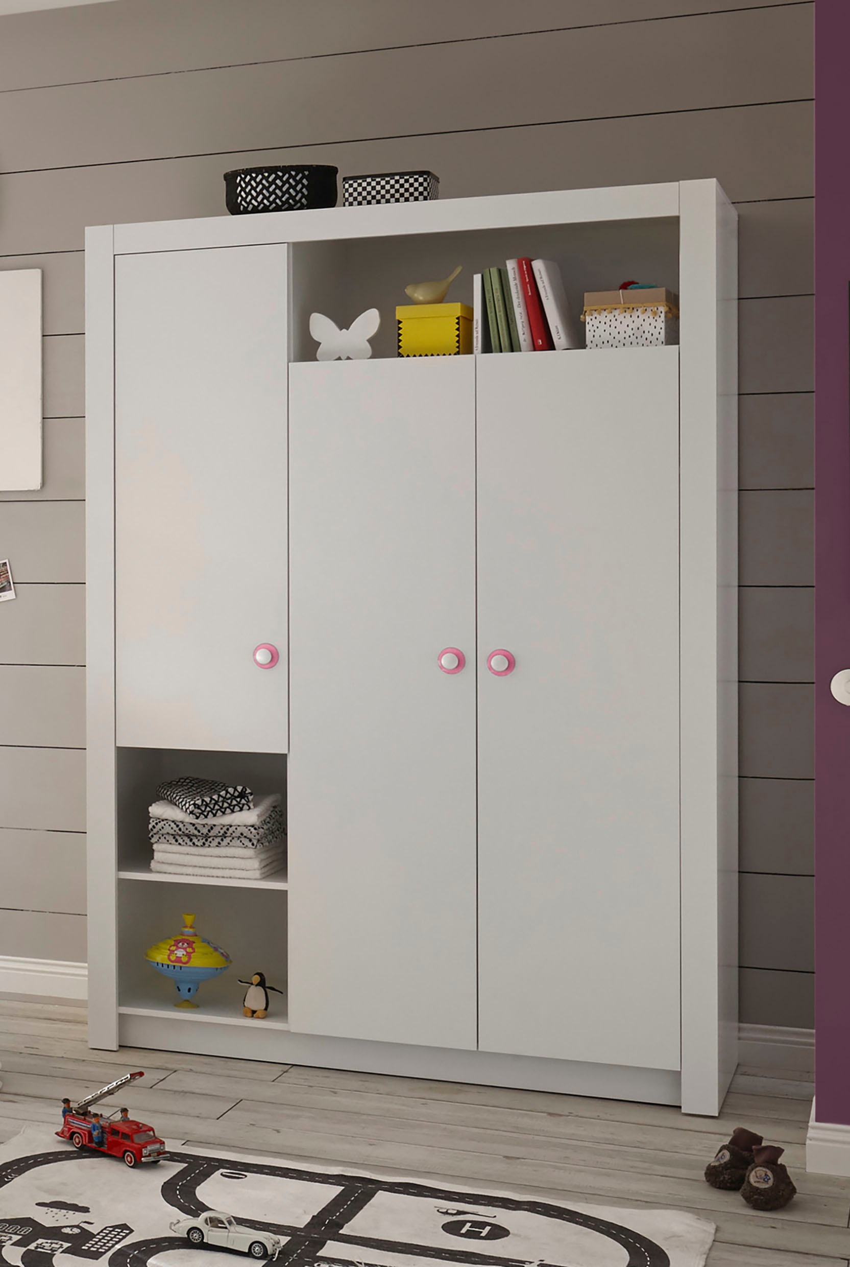 Begabino Armoire à portes battantes »Paula Kinderzimmerschrank Kleiderschrank« armoire blanche 3 portes, avec étagères ouvertes