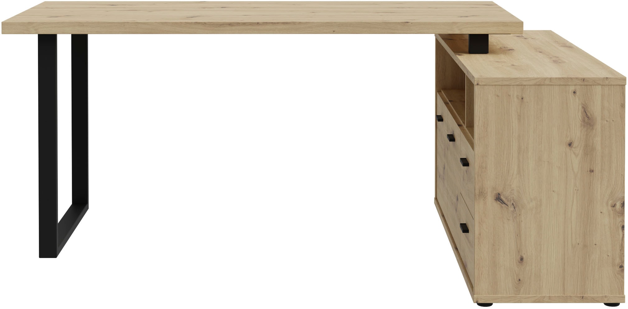 FORTE Bureau d'angle »Goldsboro« avec 2 tiroirs & portes, patins et poignées en métal noir, 124x181 cm