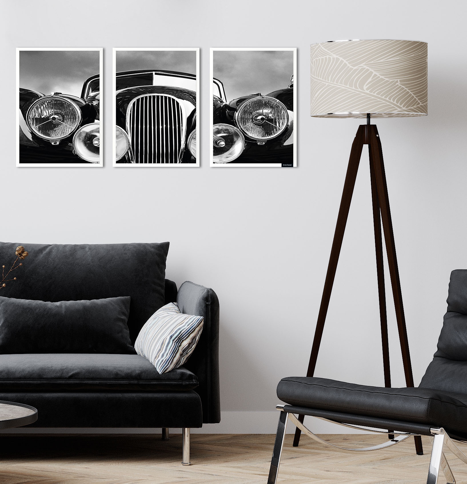 Bruno Banani Bild mit Rahmen »Oldtimer - Gerahmter Digitaldruck - Wandbild« Autos | Kunst | Schwarz-Weiss Set, 3er-Set, 1 Stk. tlg. 3x 30x40 cm - Holzrahmen - Dekoration - Weisser Rahmen - Triptychon
