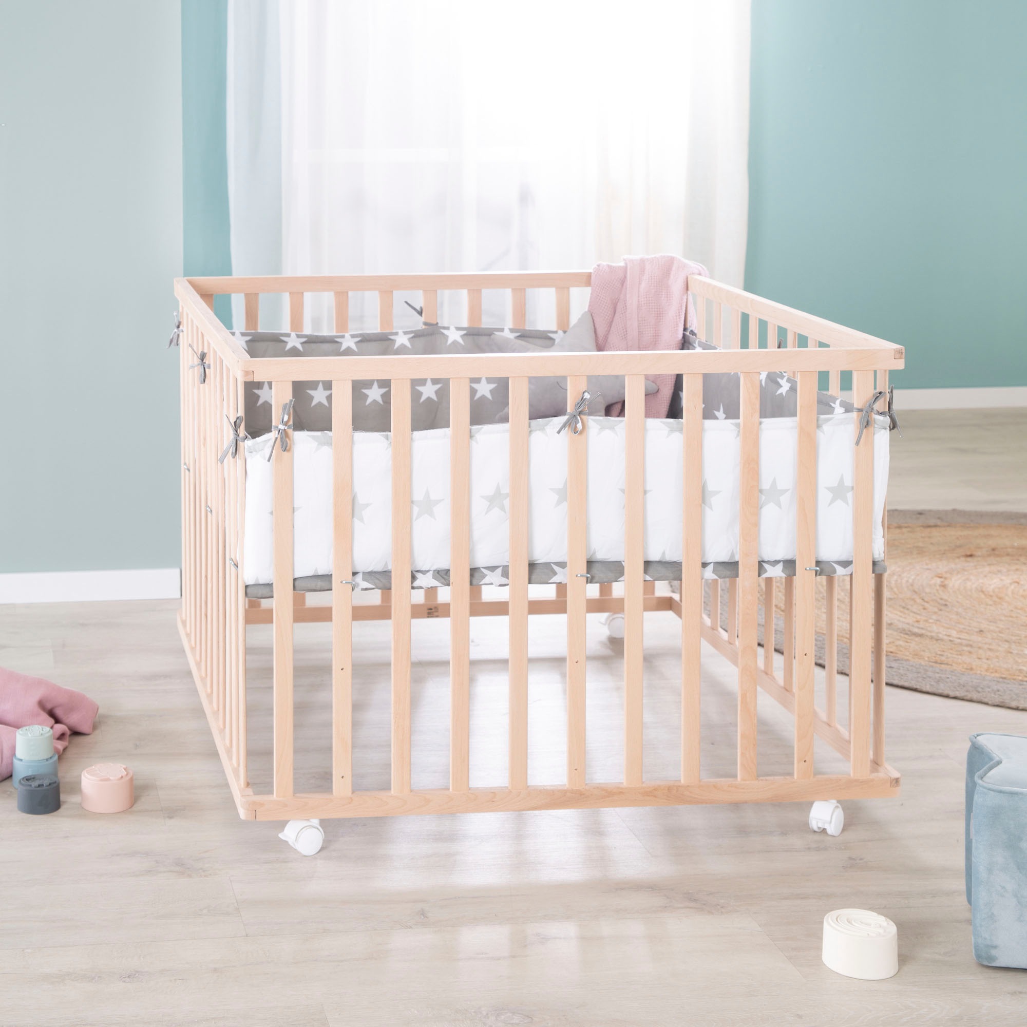roba® Laufgitter »Little Stars, 100x100 cm, natur«, bis 15 kg, mit Stoffeinlage und Nestchen; höhenverstellbar