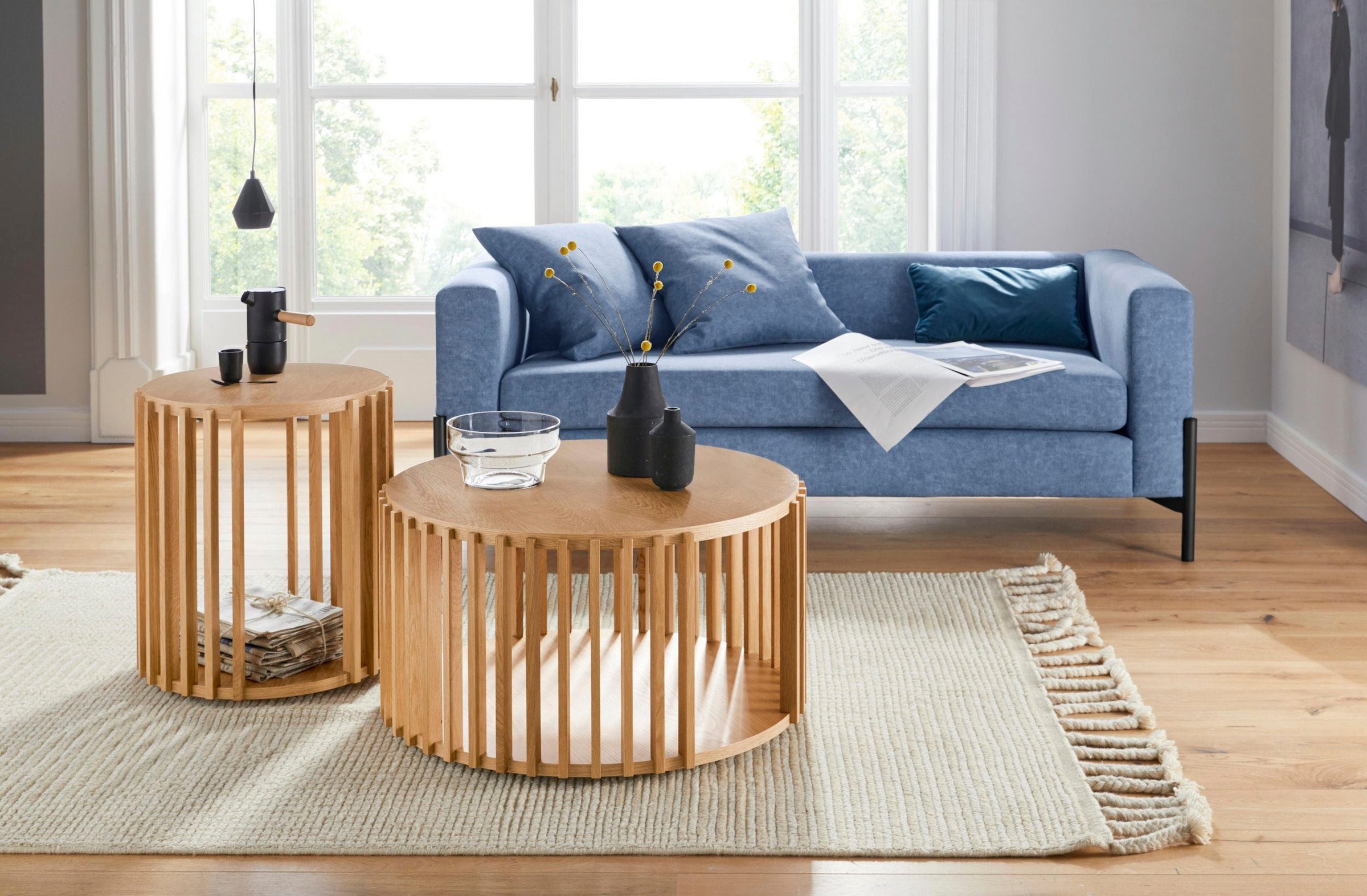 Woodman Couchtisch »Drum, Breite/Tiefe/Höhe: 83/83/42 cm«, Holzfurnier aus Eiche, Sprossen aus massiver Eiche