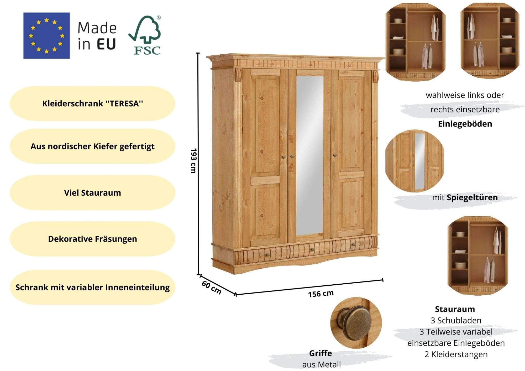 Home affaire Kleiderschrank »Teresa«, 3 Türen, aus massiver Kiefer, Breite 152 cm, mit Spiegel, FSC®