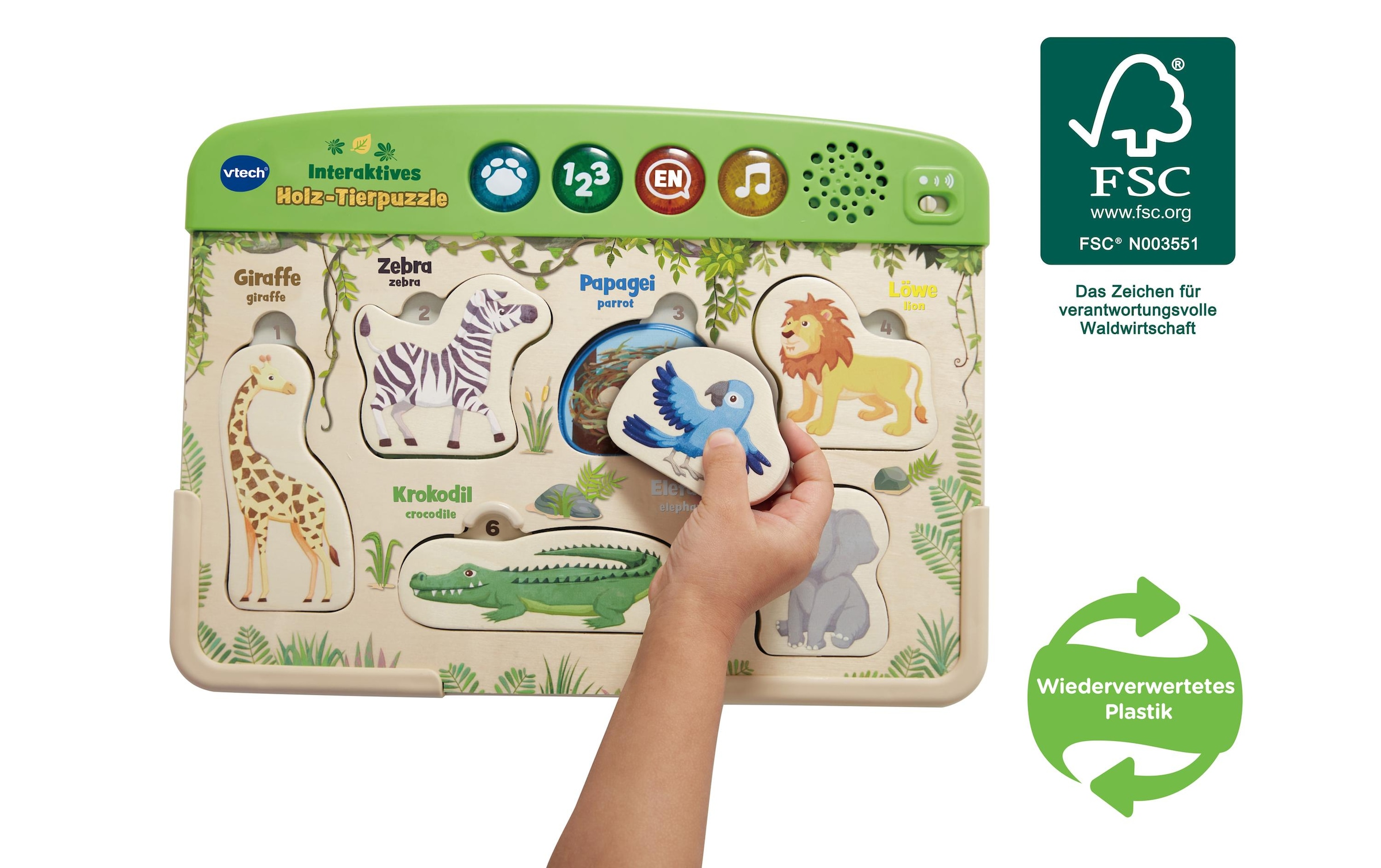 Vtech® Lernspielzeug »Interaktives Holz-Tierpuzzle«, (6 St.)