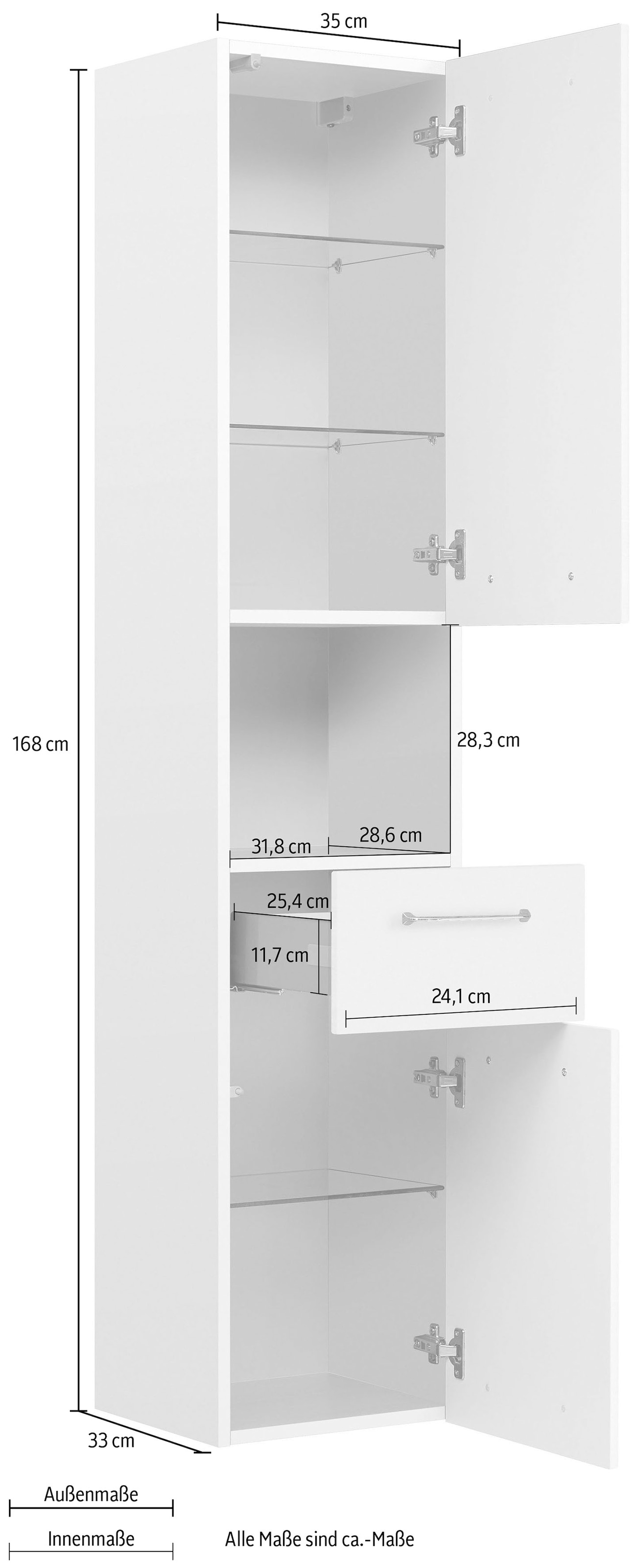 Saphir Armoire haute »Quickset Badschrank 35 cm breit, 2 Türen, 1 Nische, 1 Schublade« armoire haute de salle de bain avec amortisseur de porte, poignées chrome brillant