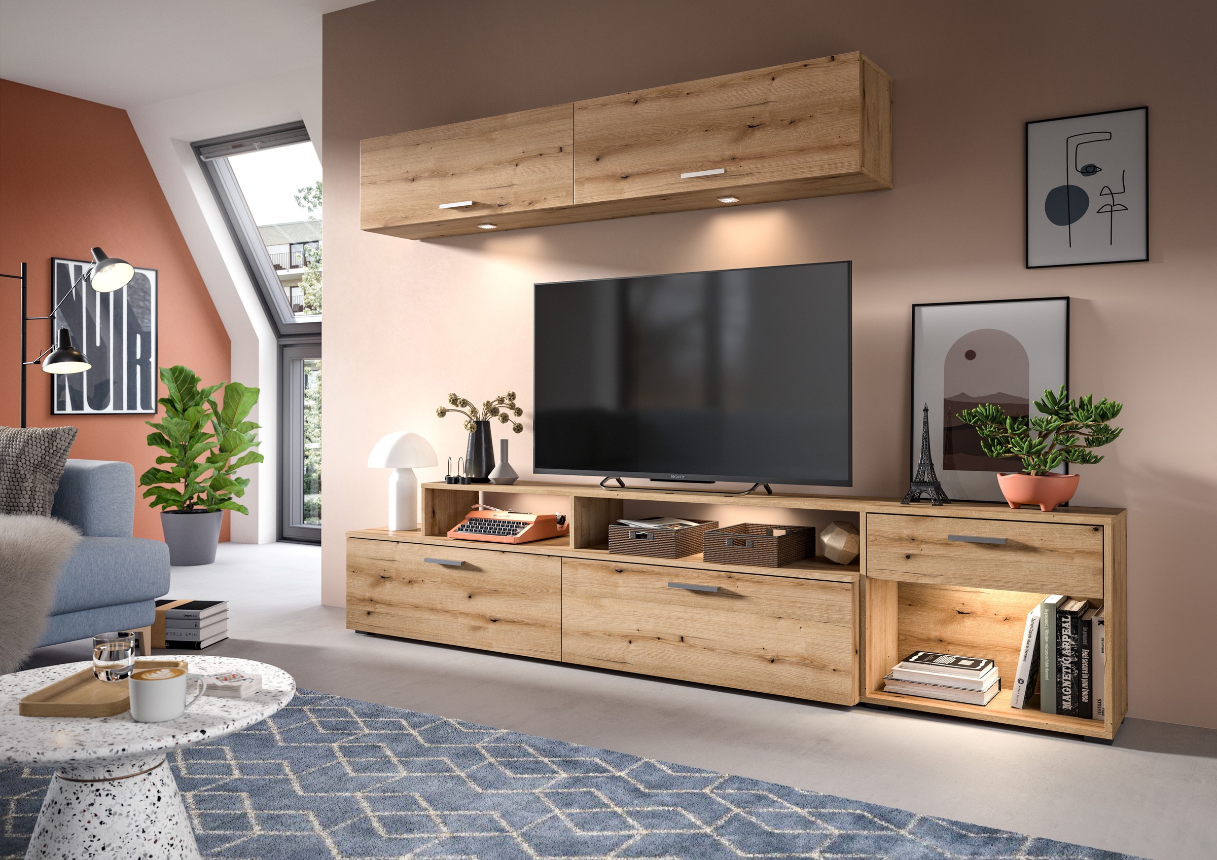 INOSIGN Wohnwand »Rotu, Breite 247 cm, bestehend aus: Lowboard und Hängeschrank«, Wohnkombination, Mediawand, Anbauwand, Wohnzimmer Set