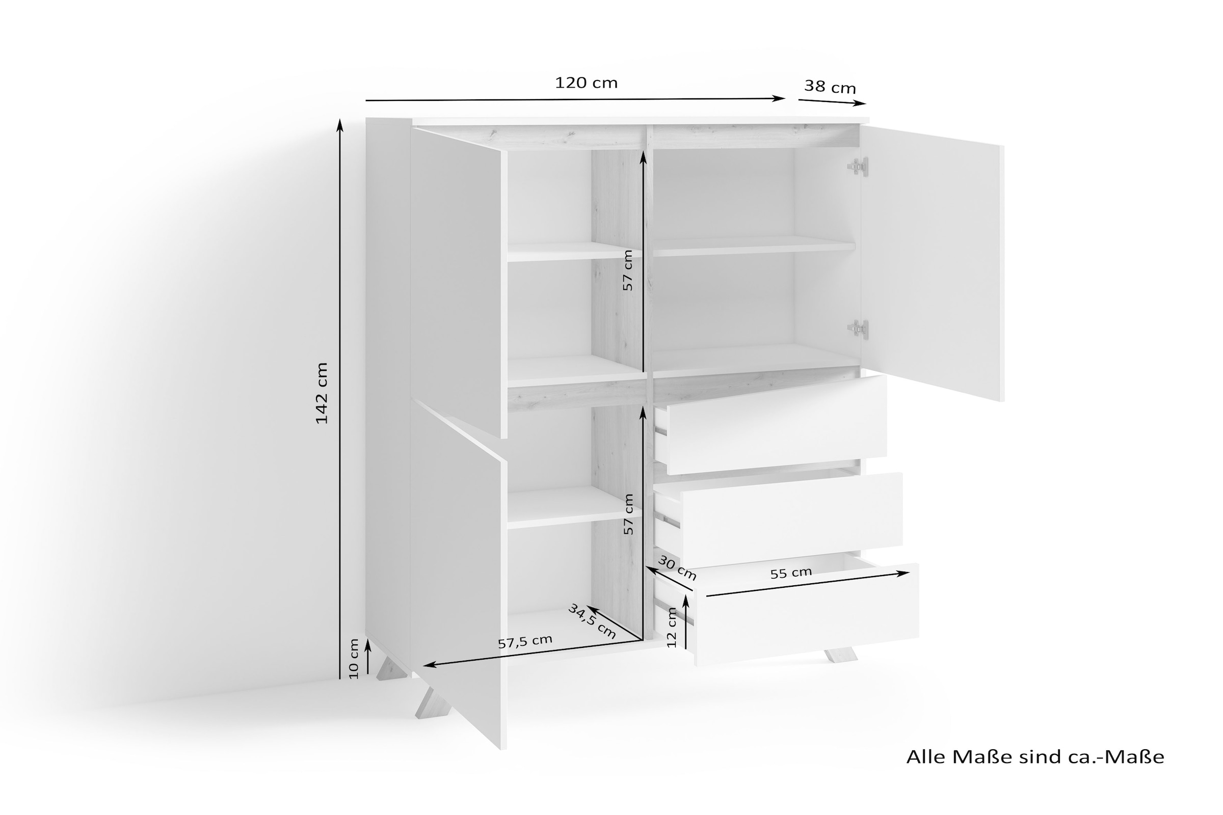 INOSIGN Highboard »Valentin«, Breite 120 cm, Höhe 142 cm, in matt weiss