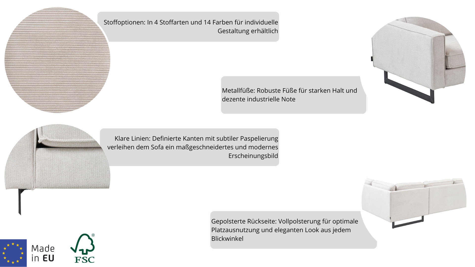 Places of Style Ecksofa »Pinto, 290 cm, Ottomane links / rechts«, Cord, Feincord, Luxus-Microfaser Leder und Chenille