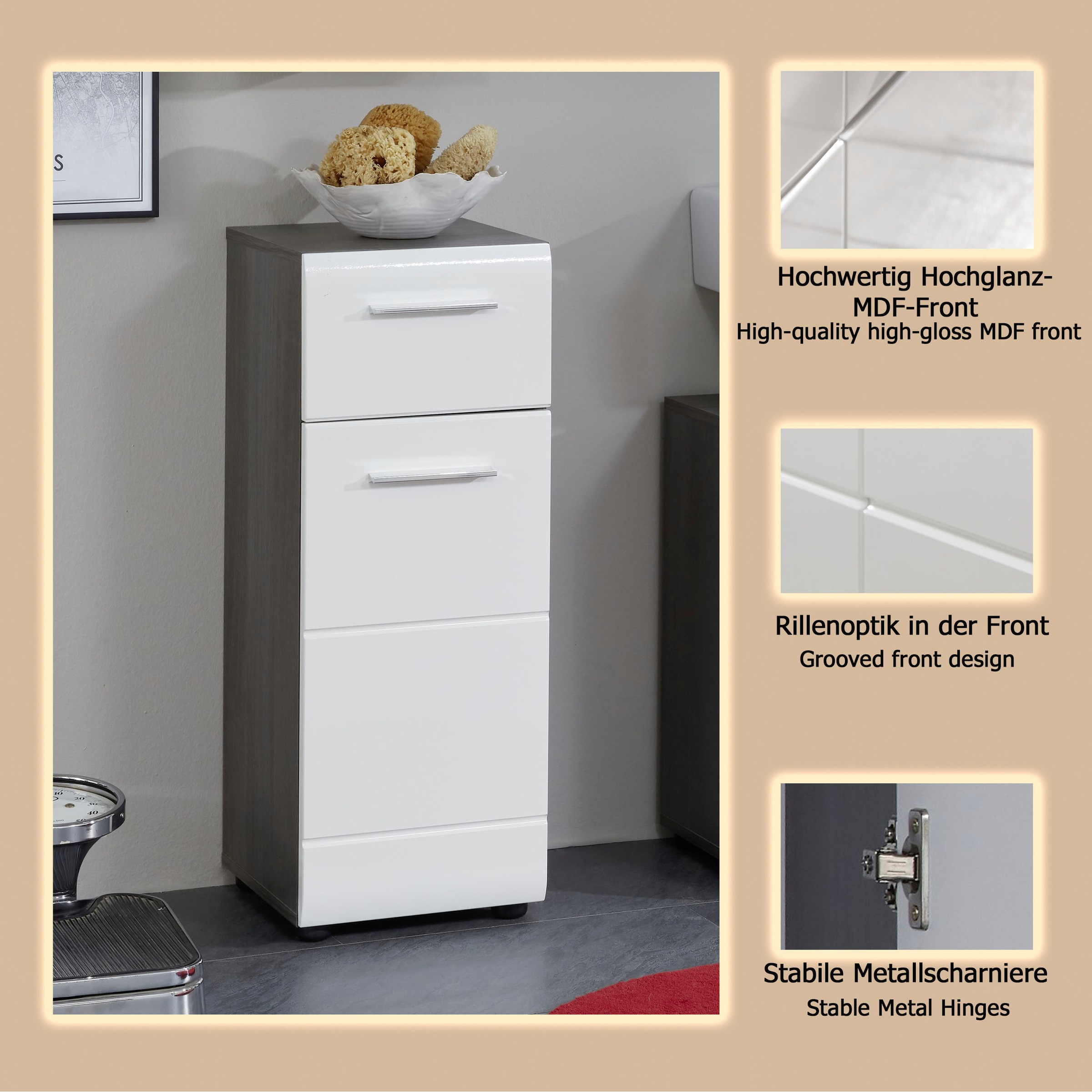 welltime Armoire basse »Sovana« commode de salle de bain avec façade laquée brillante et 1 tiroir - (L/P/H) 30/31/80 cm
