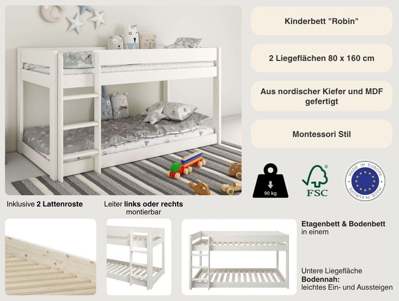 GOODproduct Kinderbett »ROBIN ,Bodenbett,Etagenbett,Leiter/Einstieg seitenverkehrt montierbar« 2 Grössen,  Montessori Stil, zertifiziertes Massivholz