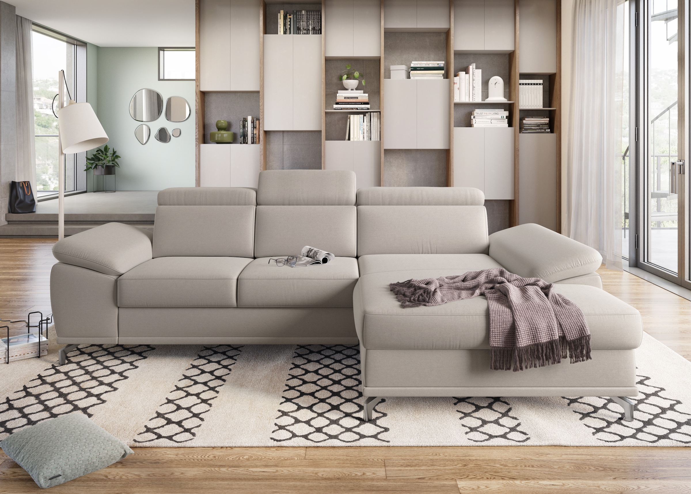 sit&more Ecksofa »Cabrio L-Form, B: 295 cm, mit Sitztiefen-, Arm- & Kopfteilverstellung« 2 Nierenkissen, Federkern, optional Bettfunktion und Stauraum