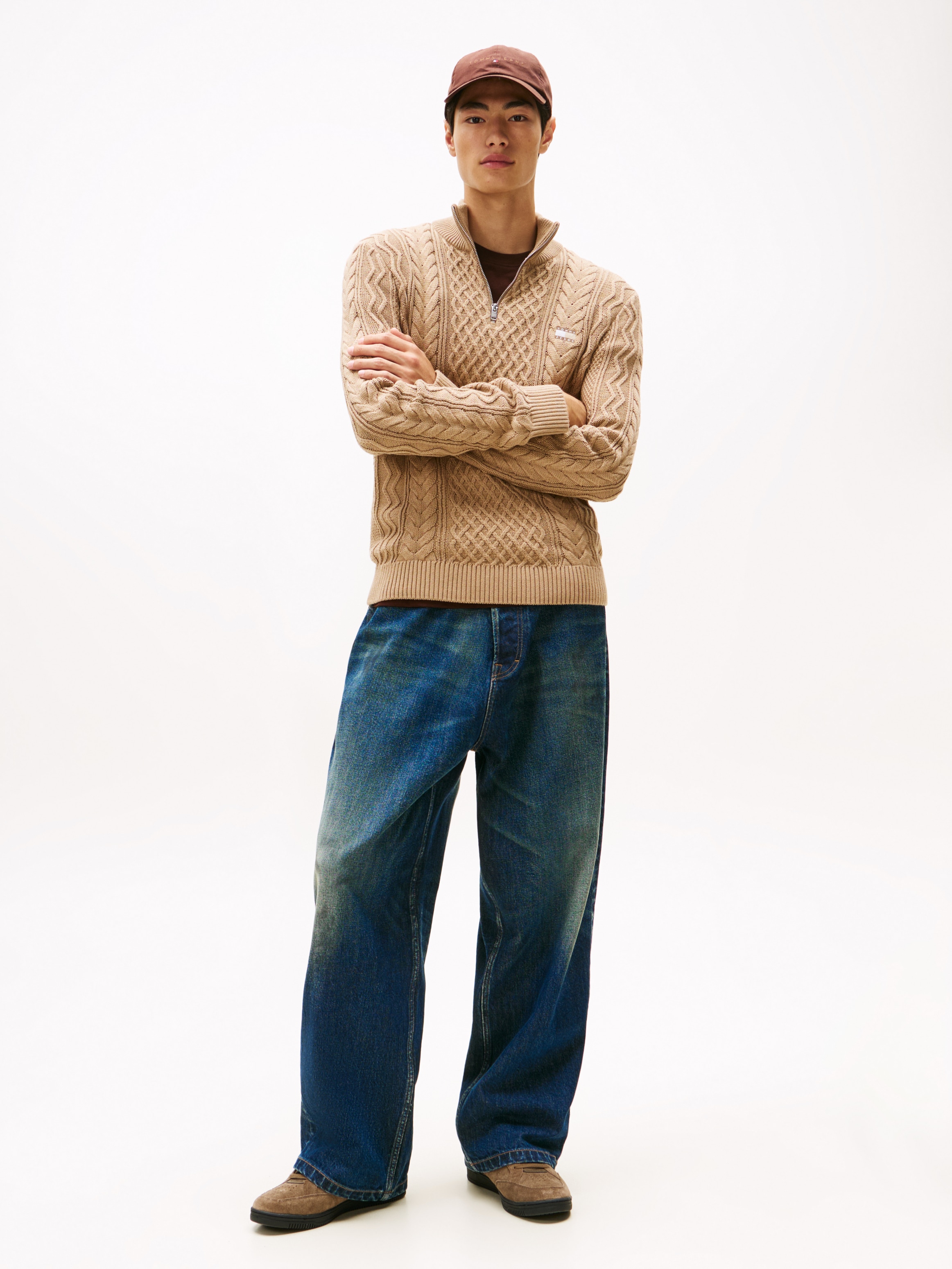 Tommy Jeans Strickpullover, Troyer-Kragen mit Reissverschluss, slim fit, Zopfstrick-Muster