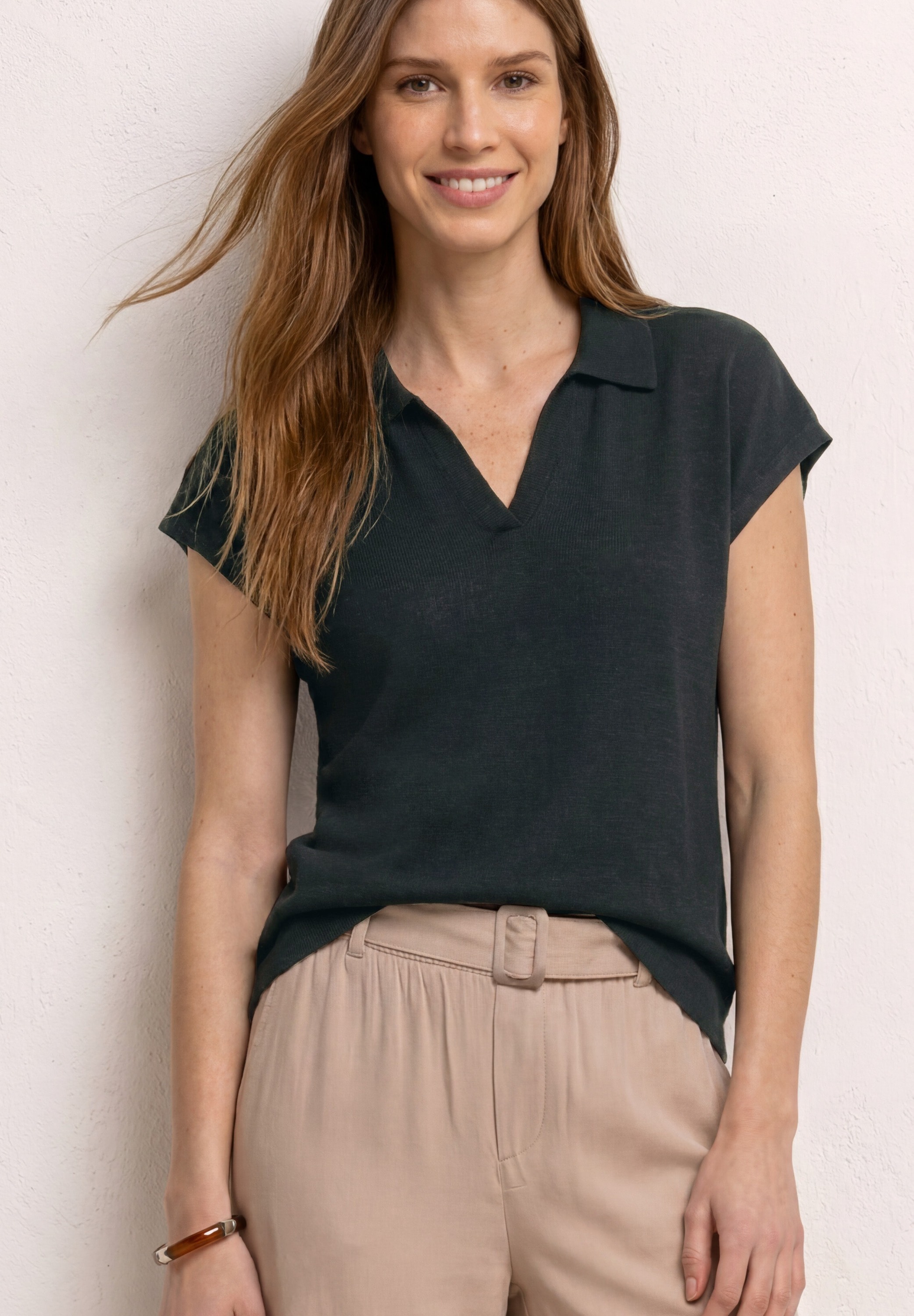 Image of STREET ONE Poloshirt feine Struktur, unifarben, überschnittene Schultern